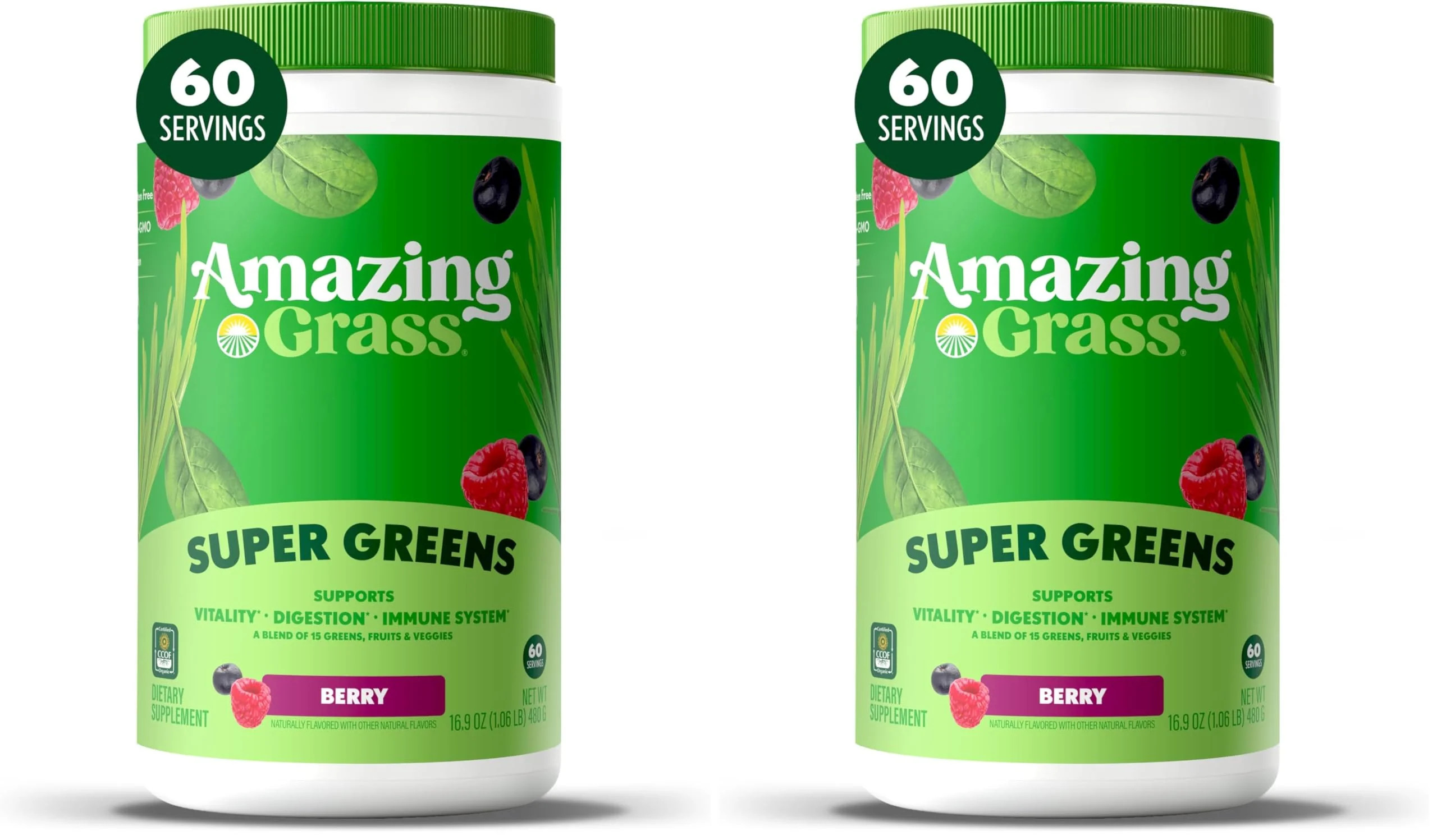 Amazing Grass Greens Blend Superfood: Super Greens Powder Smoothie Mix with Spirulina,Chlorella,Beet Root Powder,Digestive Enzymes & Probiotics,Berry,60 Servings (Packaging May Vary),(Pack of 2)