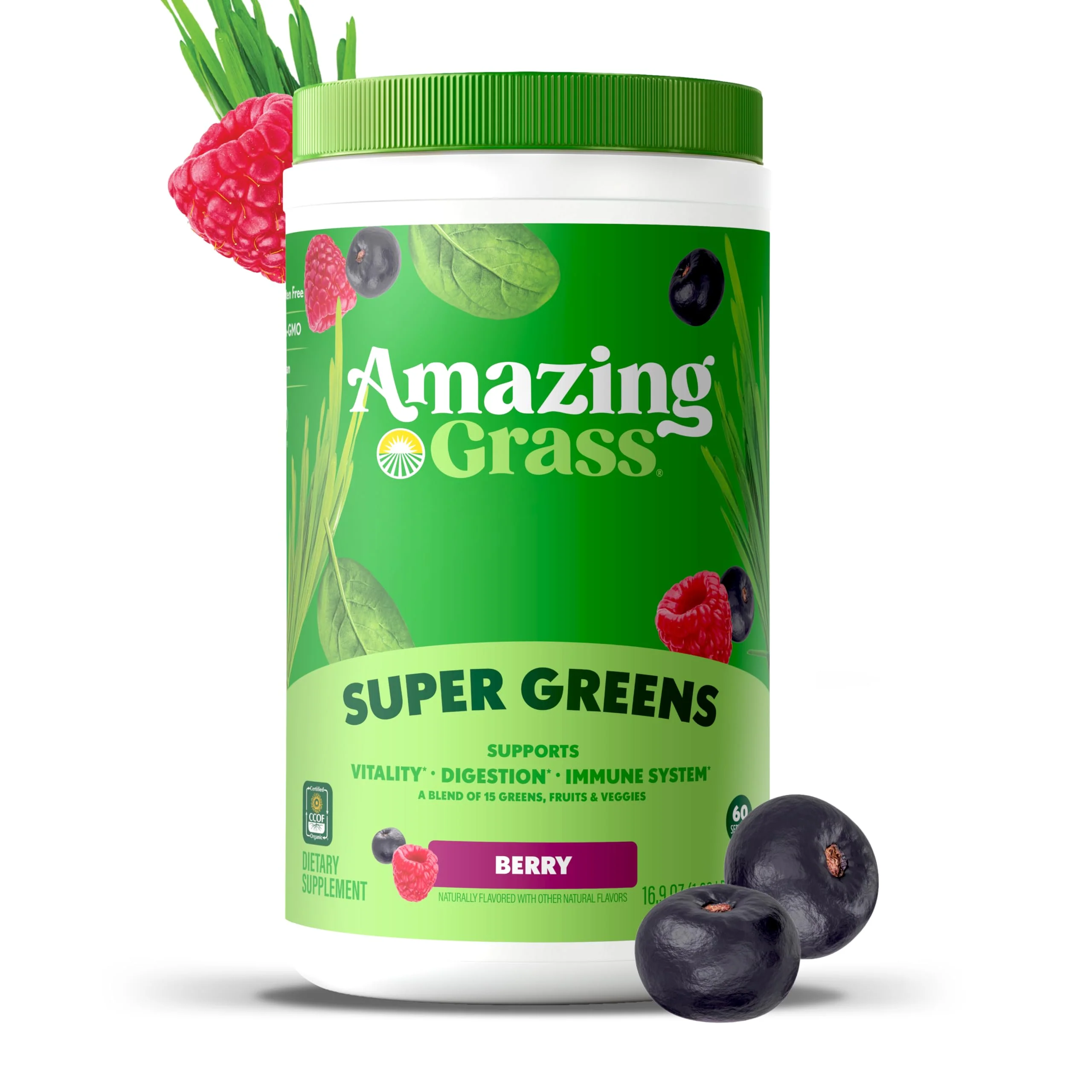 Amazing Grass Greens Blend Superfood: Super Greens Powder Smoothie Mix with Spirulina,Chlorella,Beet Root Powder,Digestive Enzymes & Probiotics,Berry,60 Servings (Packaging May Vary),(Pack of 2) - Image 2