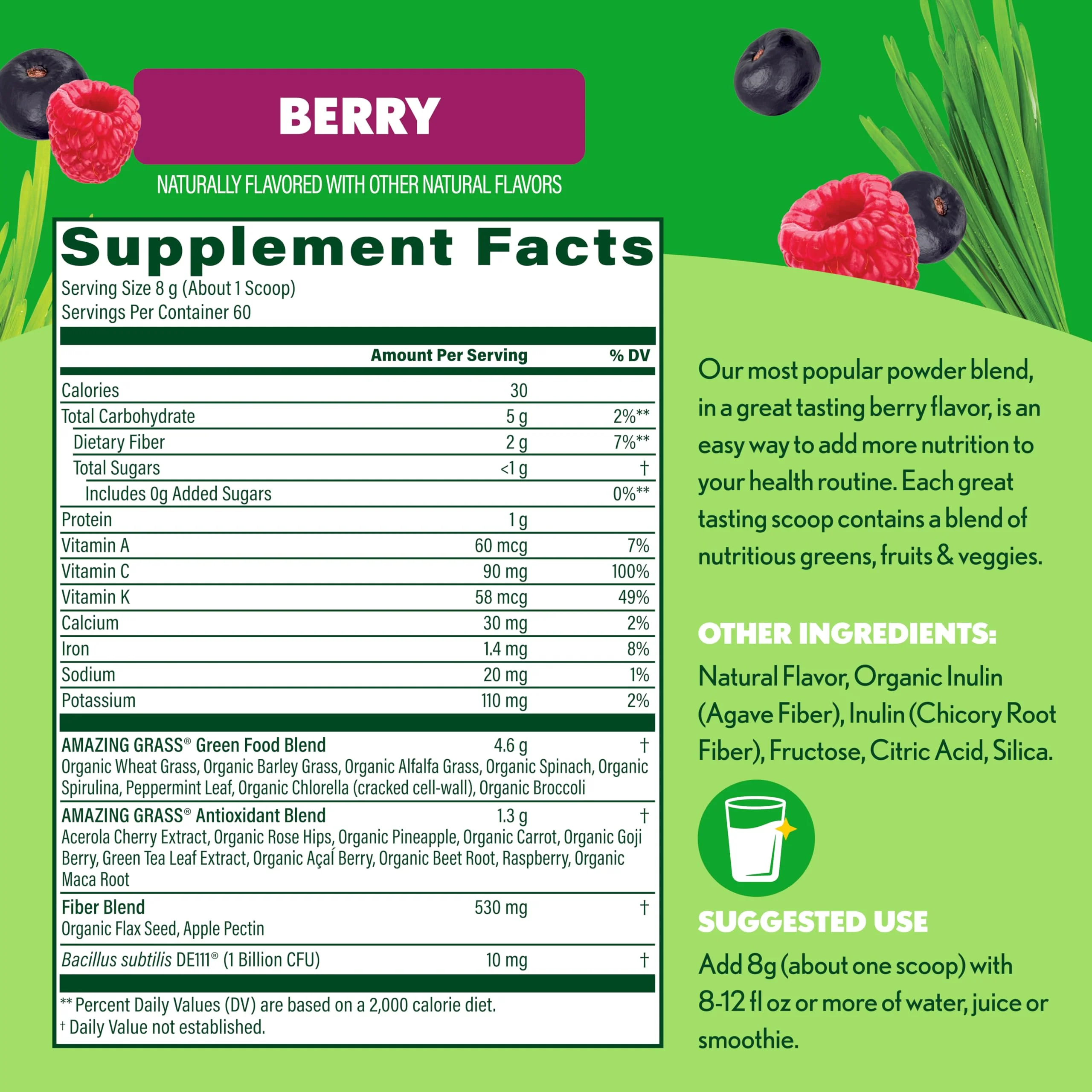 Amazing Grass Greens Blend Superfood: Super Greens Powder Smoothie Mix with Spirulina,Chlorella,Beet Root Powder,Digestive Enzymes & Probiotics,Berry,60 Servings (Packaging May Vary),(Pack of 2) - Image 4