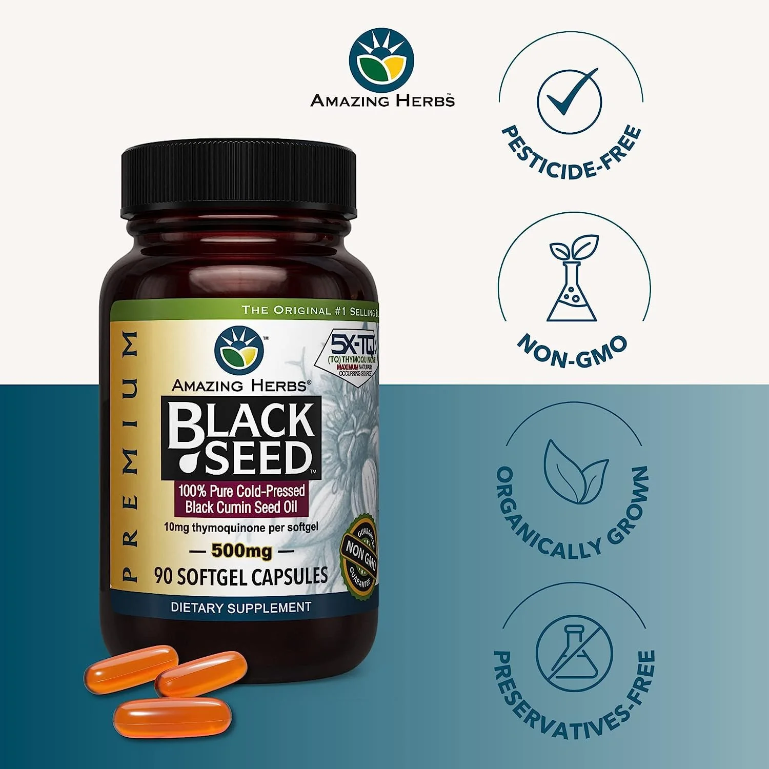 Amazing Herbs Premium Black Seed Oil Capsules - Gluten Free, Non GMO, Cold Pressed Nigella Sativa Aids in Digestive Health, Immune Support- 90 Count, (Pack of 2) - Image 5