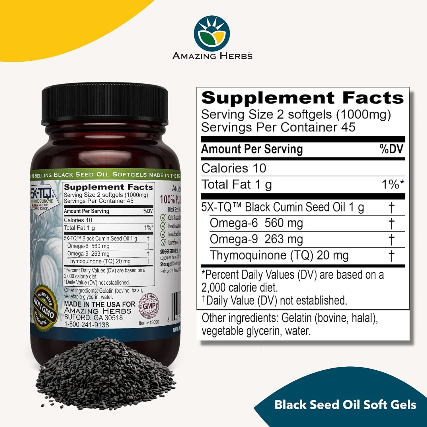 Amazing Herbs Premium Black Seed Oil Capsules - Gluten Free, Non GMO, Cold Pressed Nigella Sativa Aids in Digestive Health, Immune Support- 90 Count, (Pack of 2) - Image 6