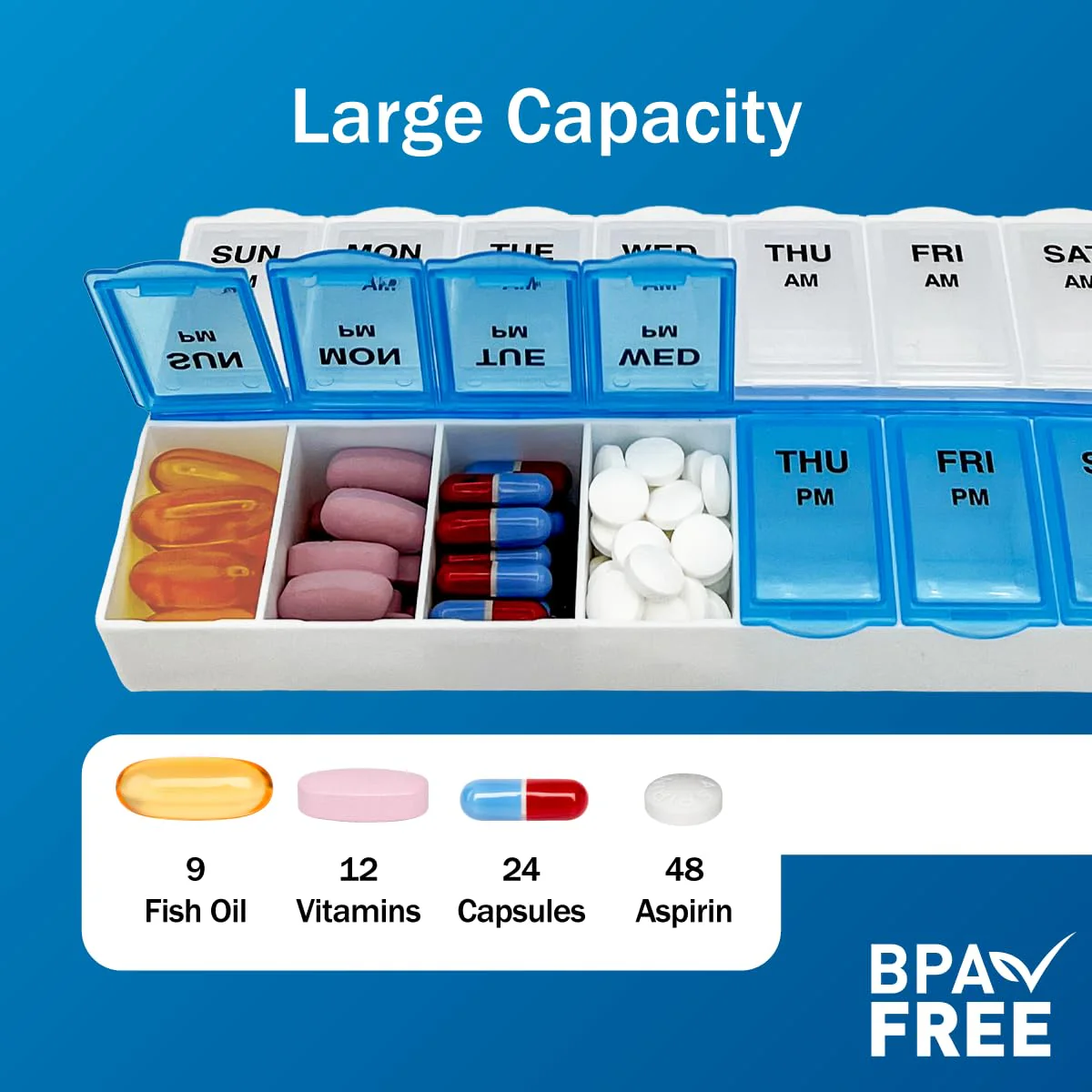 Amazon Basic Care 7-Day AM/PM Pill Organizer | Large Compartments | 2 Times Daily | Blue Clear Lids | Pack of 2 - Image 3