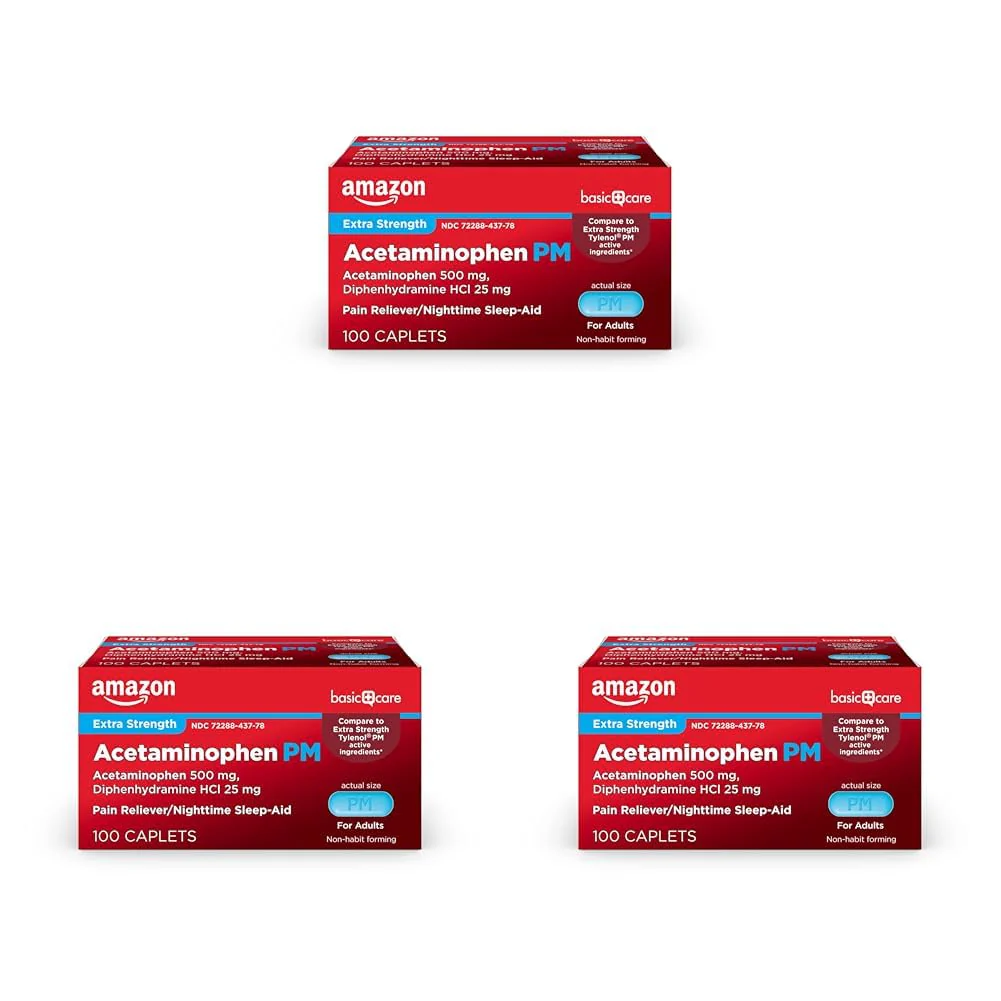 Amazon Basic Care Acetaminophen PM, Pain Reliever Plus Nighttime Sleep Aid, Blue, 100 Count (Pack of 3)
