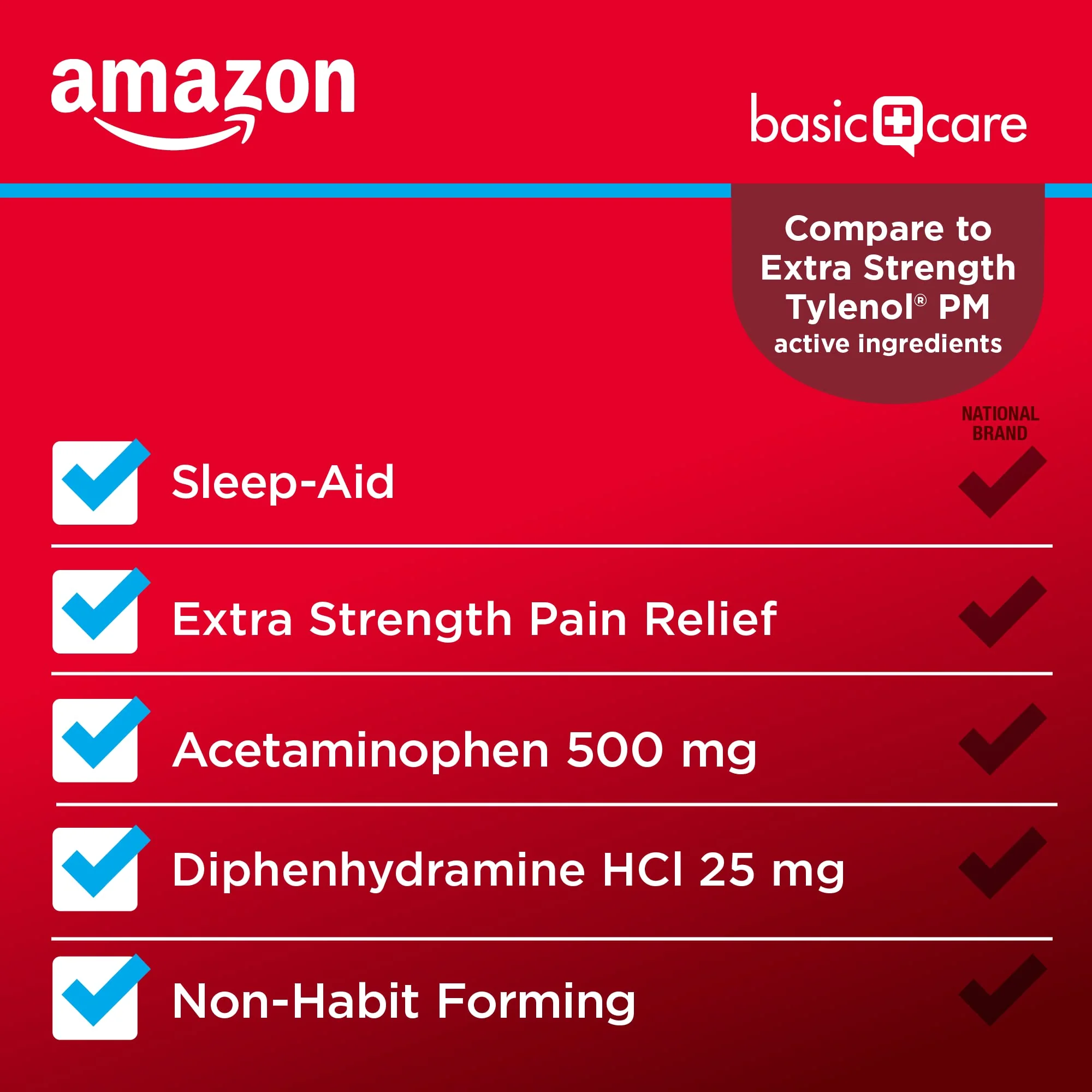 Amazon Basic Care Acetaminophen PM, Pain Reliever Plus Nighttime Sleep Aid, Blue, 100 Count (Pack of 3) - Image 3