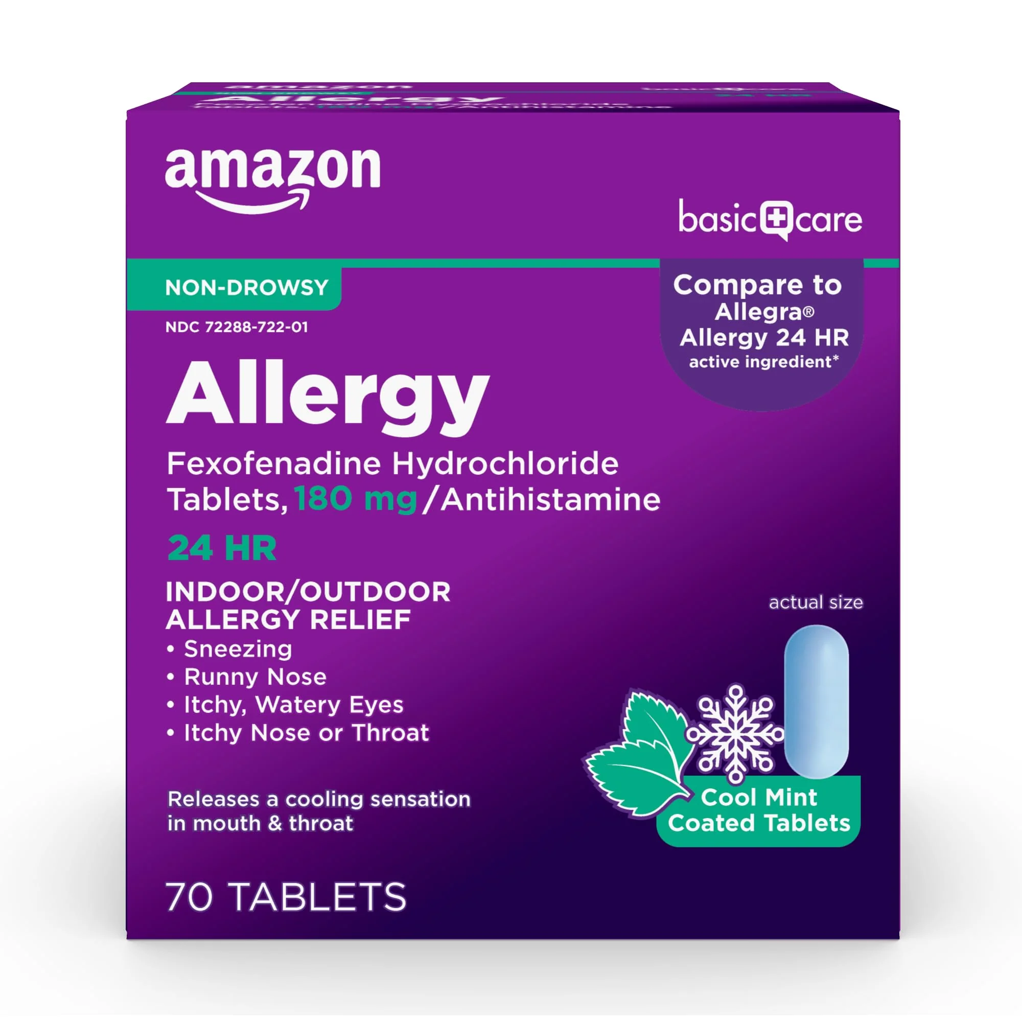 Amazon Basic Care All Day Allergy Relief, Fexofenadine Hydrochloride, 180 mg, Antihistamine, Non-Drowsy, 24-Hour Relief, Cool Mint Coated Tablets, 70 Count