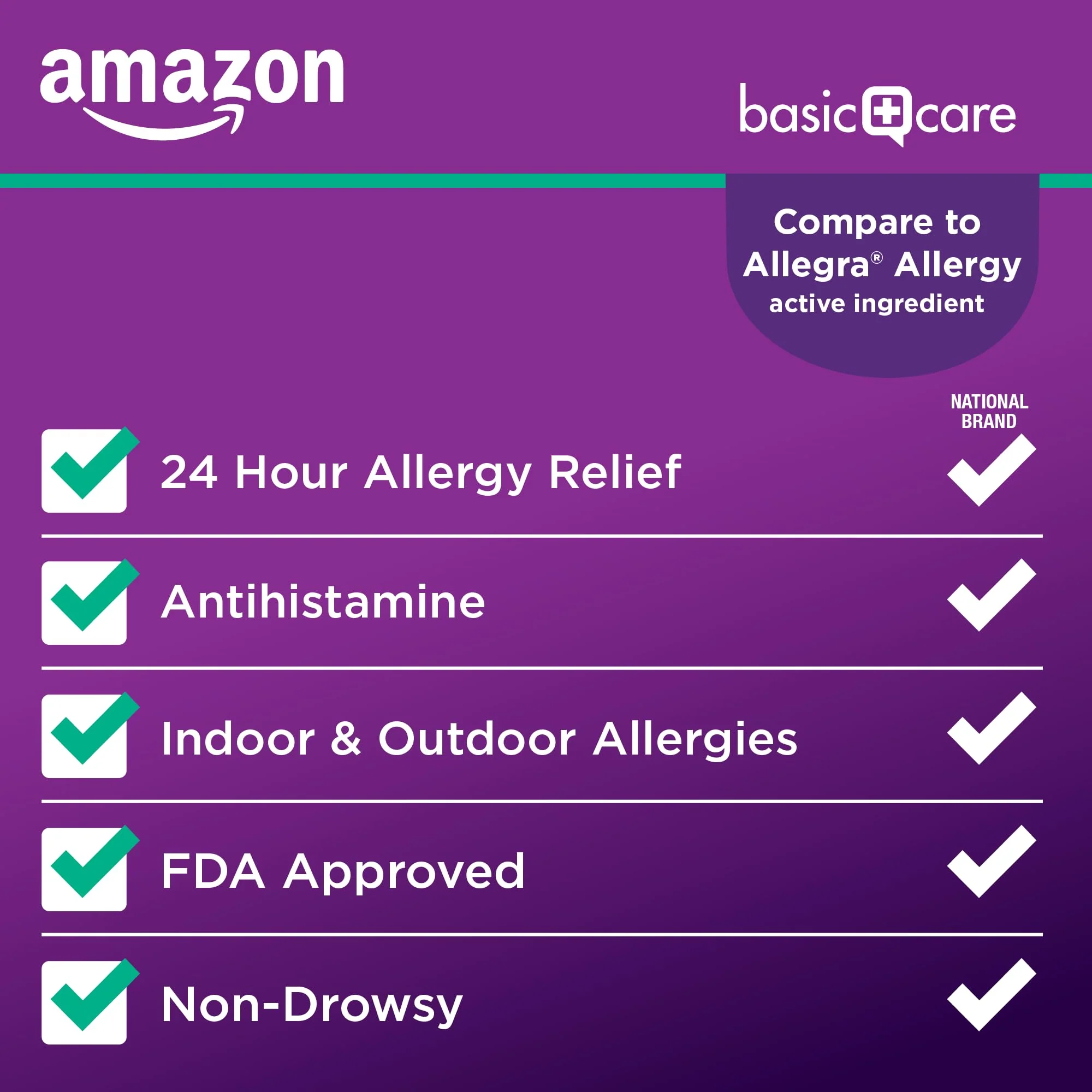 Amazon Basic Care All Day Allergy Relief, Fexofenadine Hydrochloride, 180 mg, Antihistamine, Non-Drowsy, 24-Hour Relief, Cool Mint Coated Tablets, 70 Count - Image 3