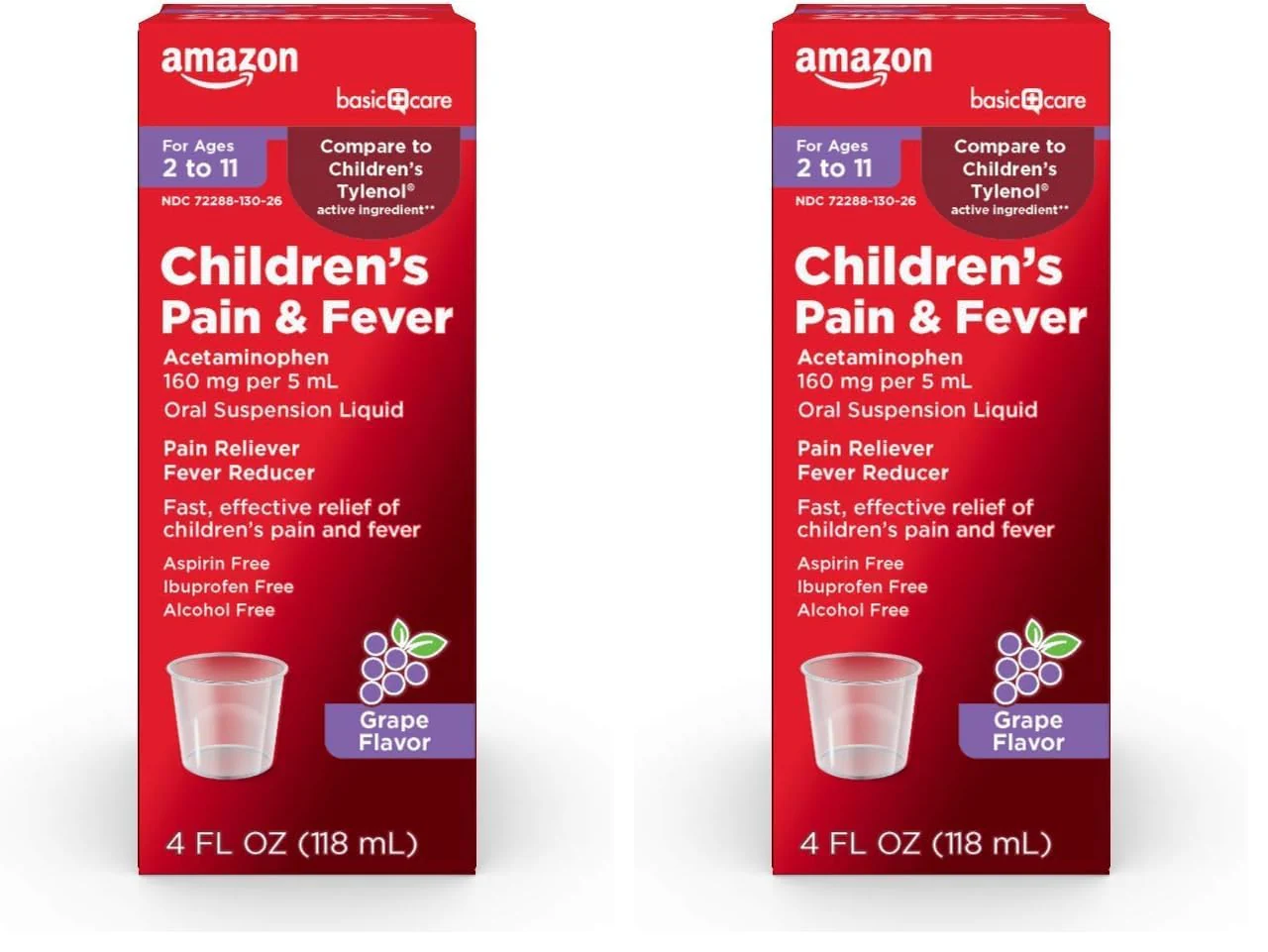 Amazon Basic Care Children's Acetaminophen 160 mg per 5 mL Oral Suspension, Grape Flavor, Pain Reliever and Fever Reducer for Headache, Sore Throat and Toothache, 4 fl oz (Pack of 2)