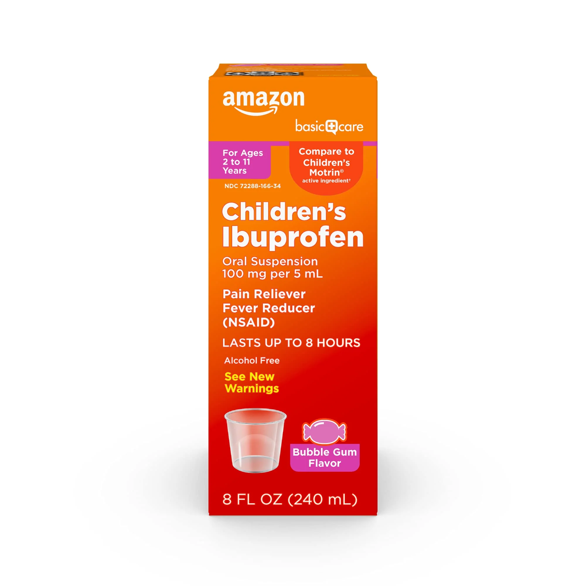 Amazon Basic Care Children's Ibuprofen Oral Suspension 100 mg per 5 mL, Pain Reliever and Fever Reducer (NSAID), BubbleGum, For Minor Aches and Pains, Headache Relief and More, 8 fl oz (Pack of 1)