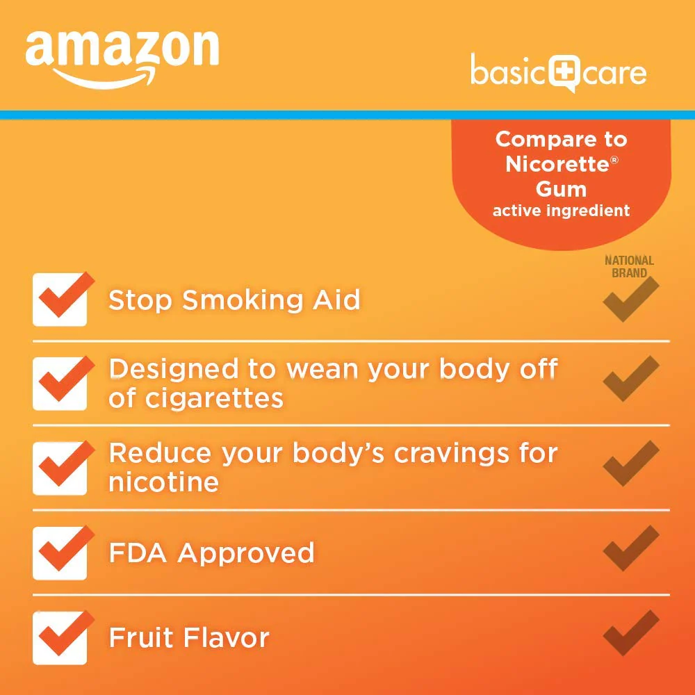 Amazon Basic Care Coated Nicotine Polacrilex Gum, 2 mg, Fruit Flavor, Stop Smoking Aid, Reduces Cravings, Smoking Cessation, 160 Count - Image 3