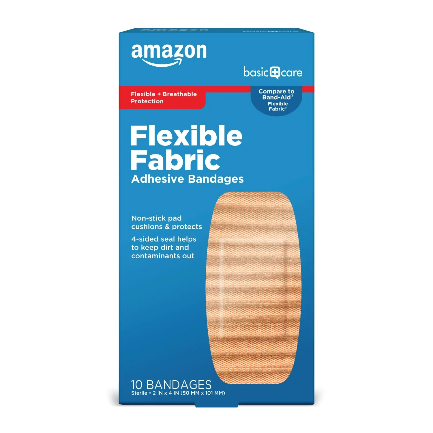 Amazon Basic Care Flexible Fabric Adhesive Bandages, XL (2 in x 4 in), Non-Stick Pad for Cuts & Scrapes, 4-Sided Seal, 10 Count