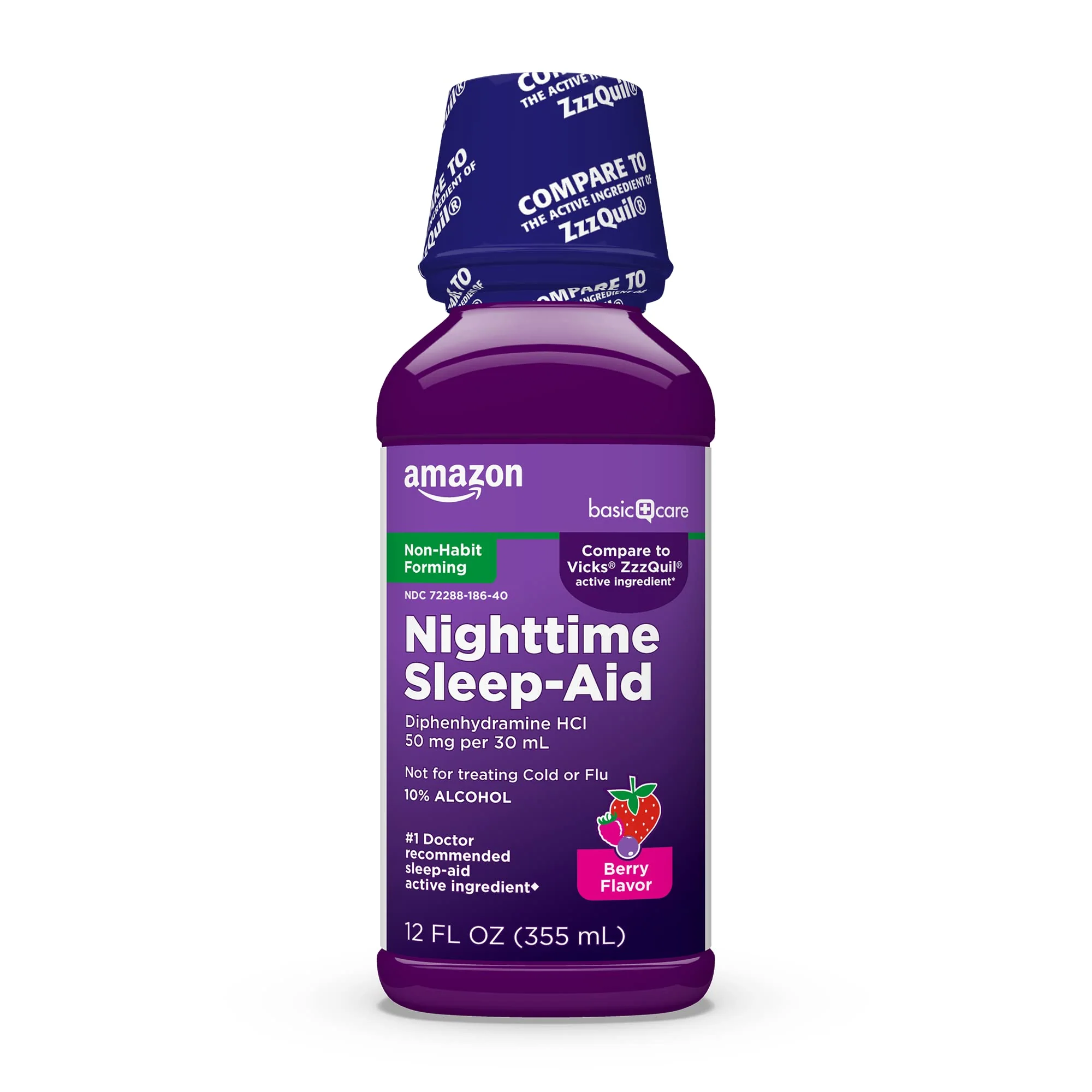 Amazon Basic Care Nighttime Sleep-Aid Liquid for Adults, Helps Fall Asleep Fast, Diphenhydramine HCl 50 mg, Mixed Berry Flavor, 12 fl oz (Pack of 1)