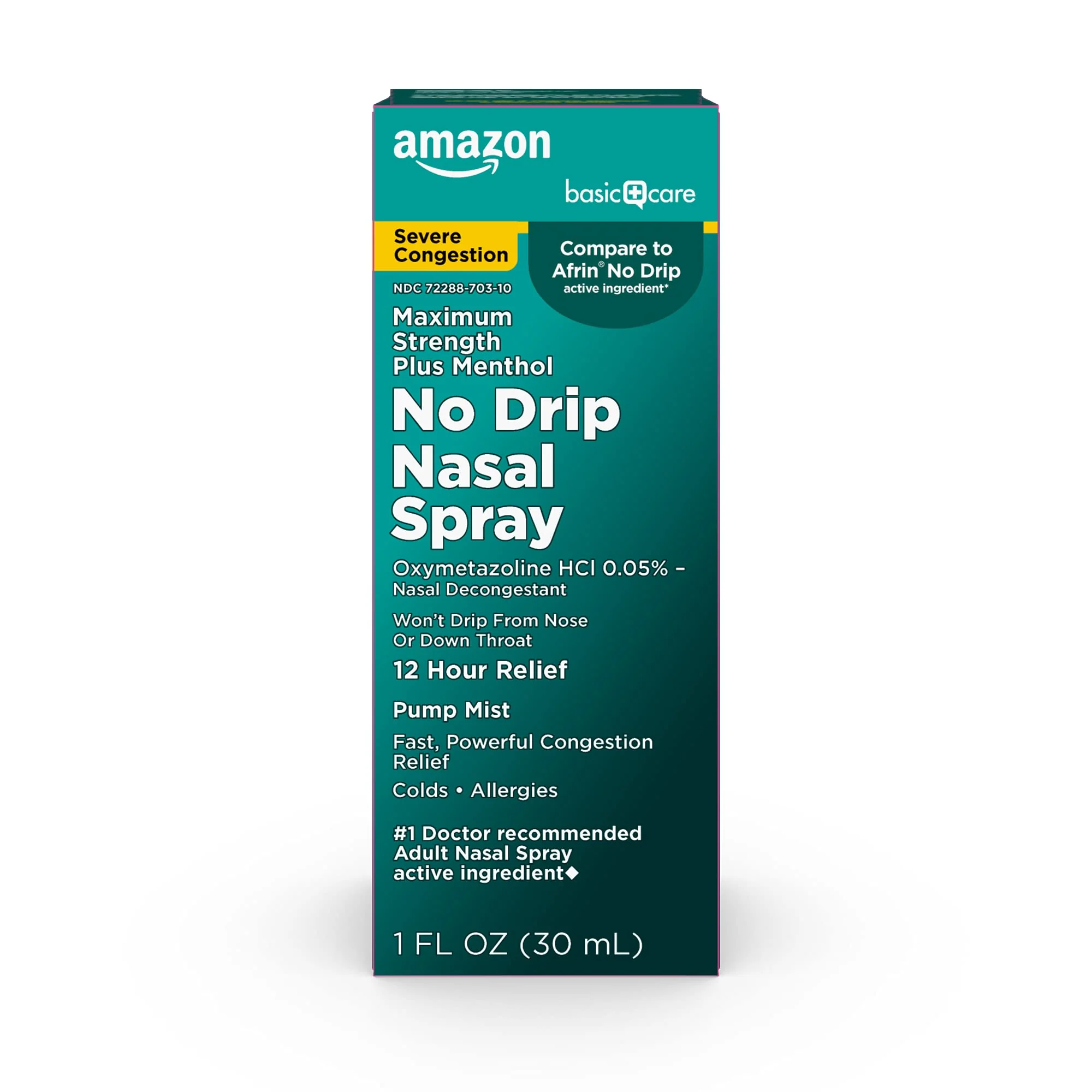 Amazon Basic Care No Drip Severe 12 Hour Nasal Decongestant Pump Mist, Maximum Strength Plus Menthol, Allergy Relief, 1 fl oz (Pack of 1)