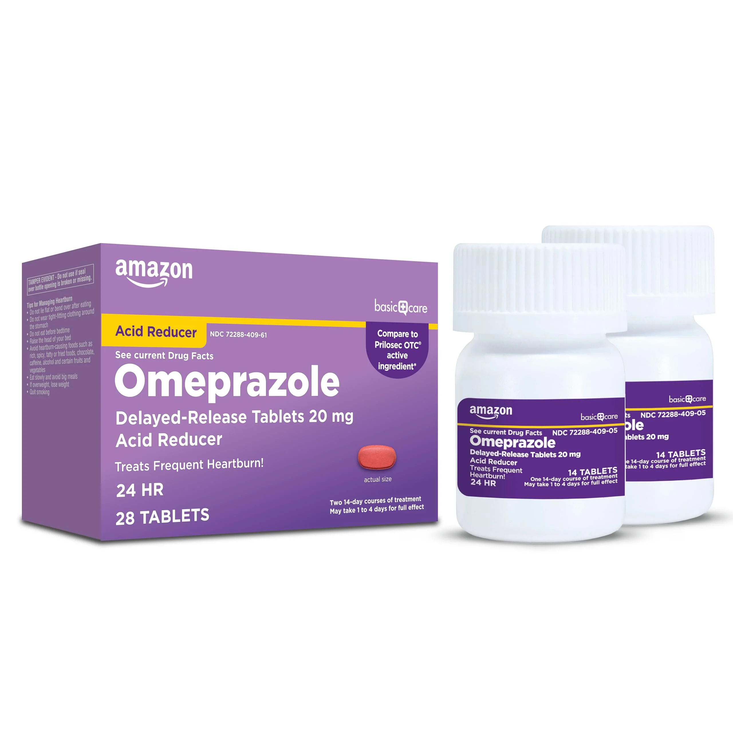 Amazon Basic Care Omeprazole Delayed Release Tablets 20 mg, Acid Reducer, Heartburn Medicine, 14-Day Course of Treatment, 28 Count (Packaging may vary)