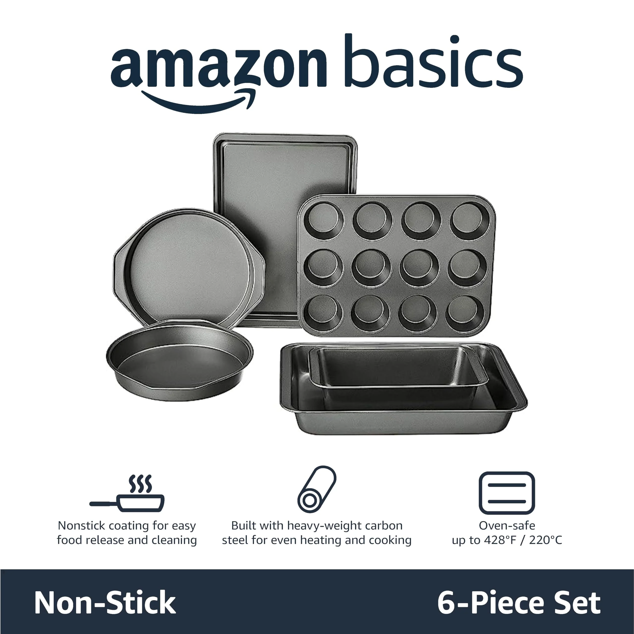 Amazon Basics 6 Piece Nonstick, Carbon Steel Oven Safe Bakeware Set with Cake, Muffin, Cookie, and Loaf Pans, 6 Piece, 16.25 x 11.75 x 6.25 inches - Image 5