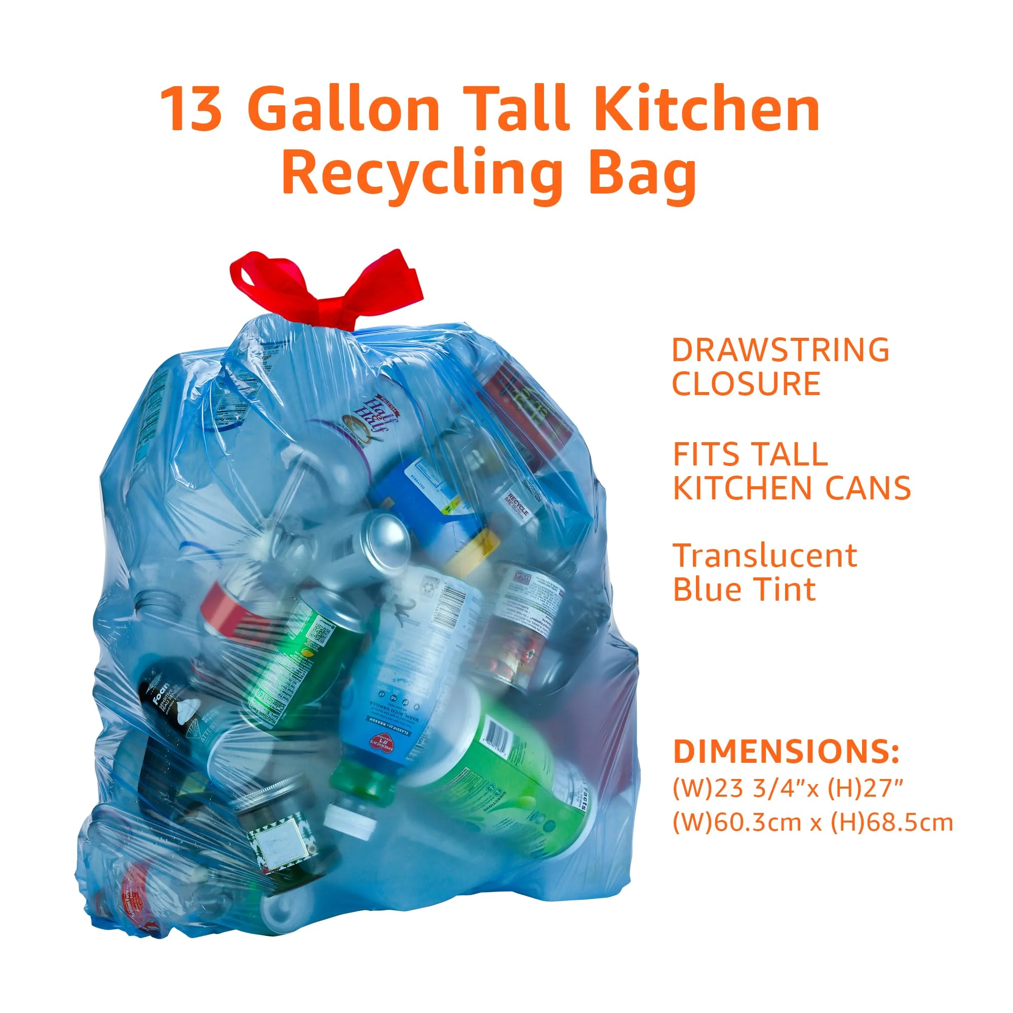 Amazon Basics Blue Recycling Drawstring Trash Bags, Tall Kitchen, Unscented, 13 Gallon, 60 Count - Image 3