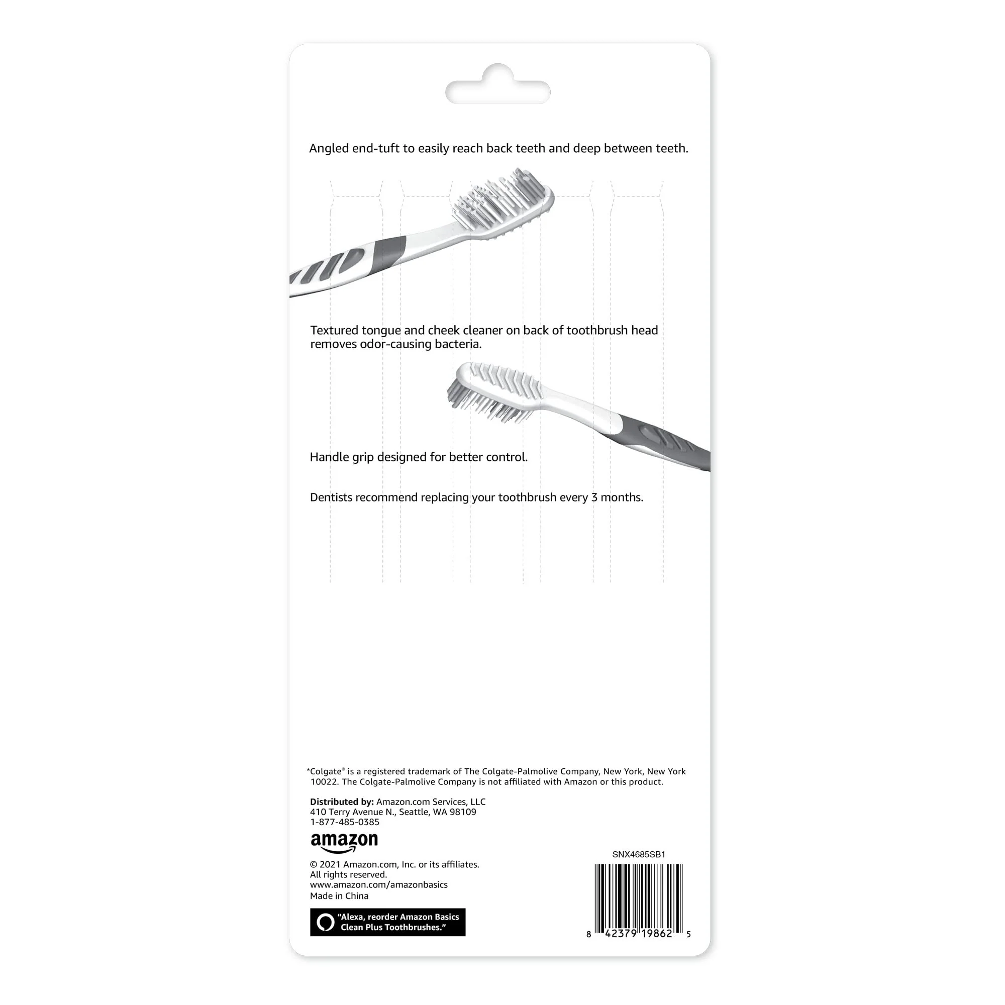 Amazon Basics Clean Plus Soft Bristle Toothbrushes with Angled End-Tuft, Cheek and Tongue Cleaner, Full Size, 10 Count, 1 Pack (Previously Solimo) - Image 2