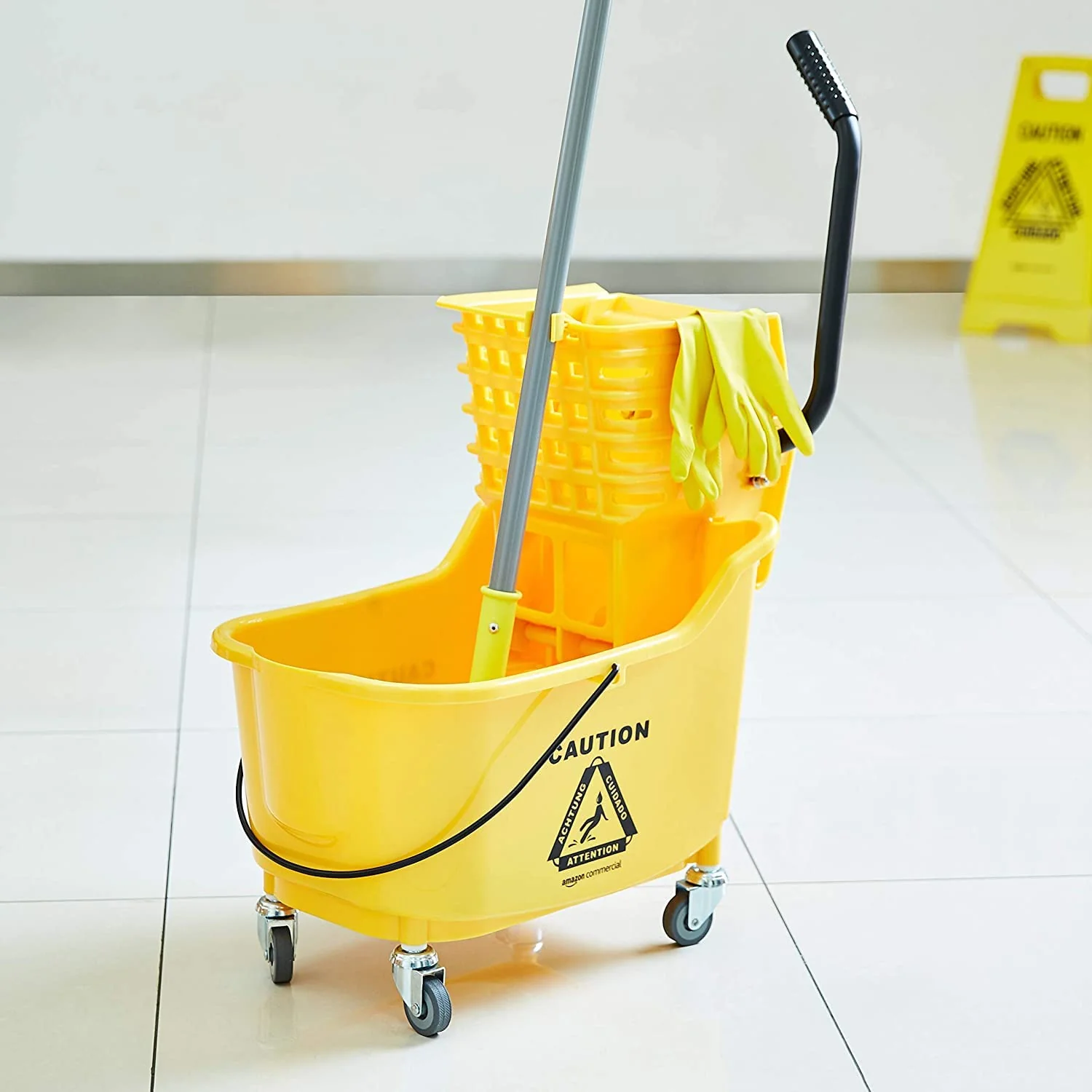 Amazon Basics Commercial Side Press Wringer Floor Cleaning Mop Bucket on Wheels, 35-Quart, Yellow - Image 2