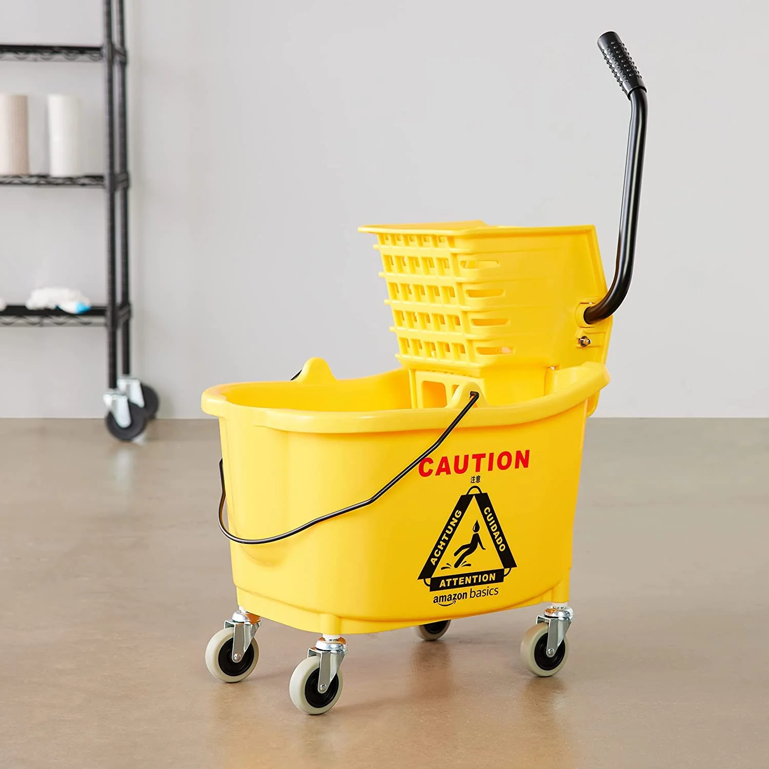 Amazon Basics Commercial Side Press Wringer Floor Cleaning Mop Bucket on Wheels, 35-Quart, Yellow - Image 4