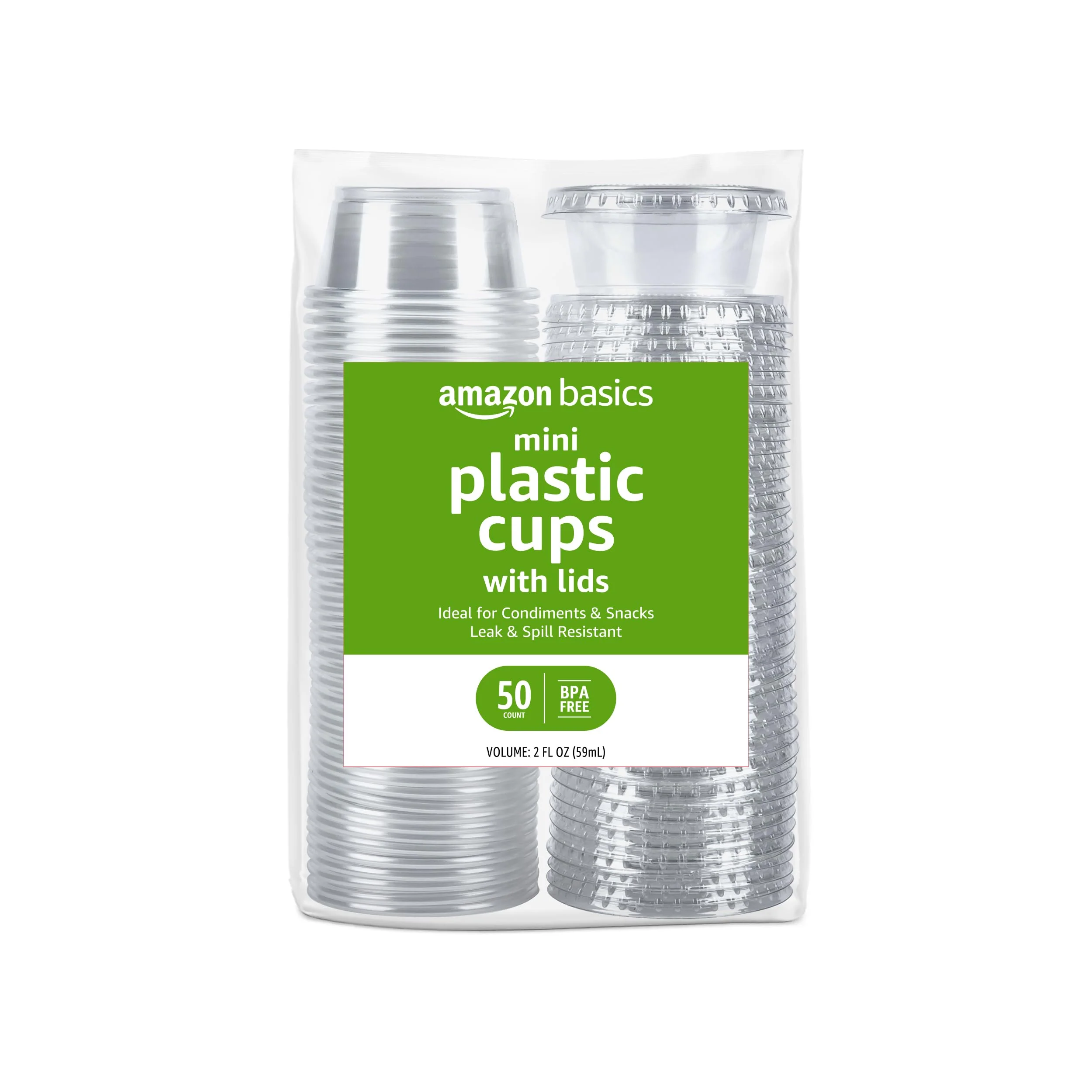 Amazon Basics Disposable Plastic To-Go Cups and Lids, Mini, 2oz, 50 Count, BPA Free, for Condiment, Salad Dressing, Sauces, Jello Shots