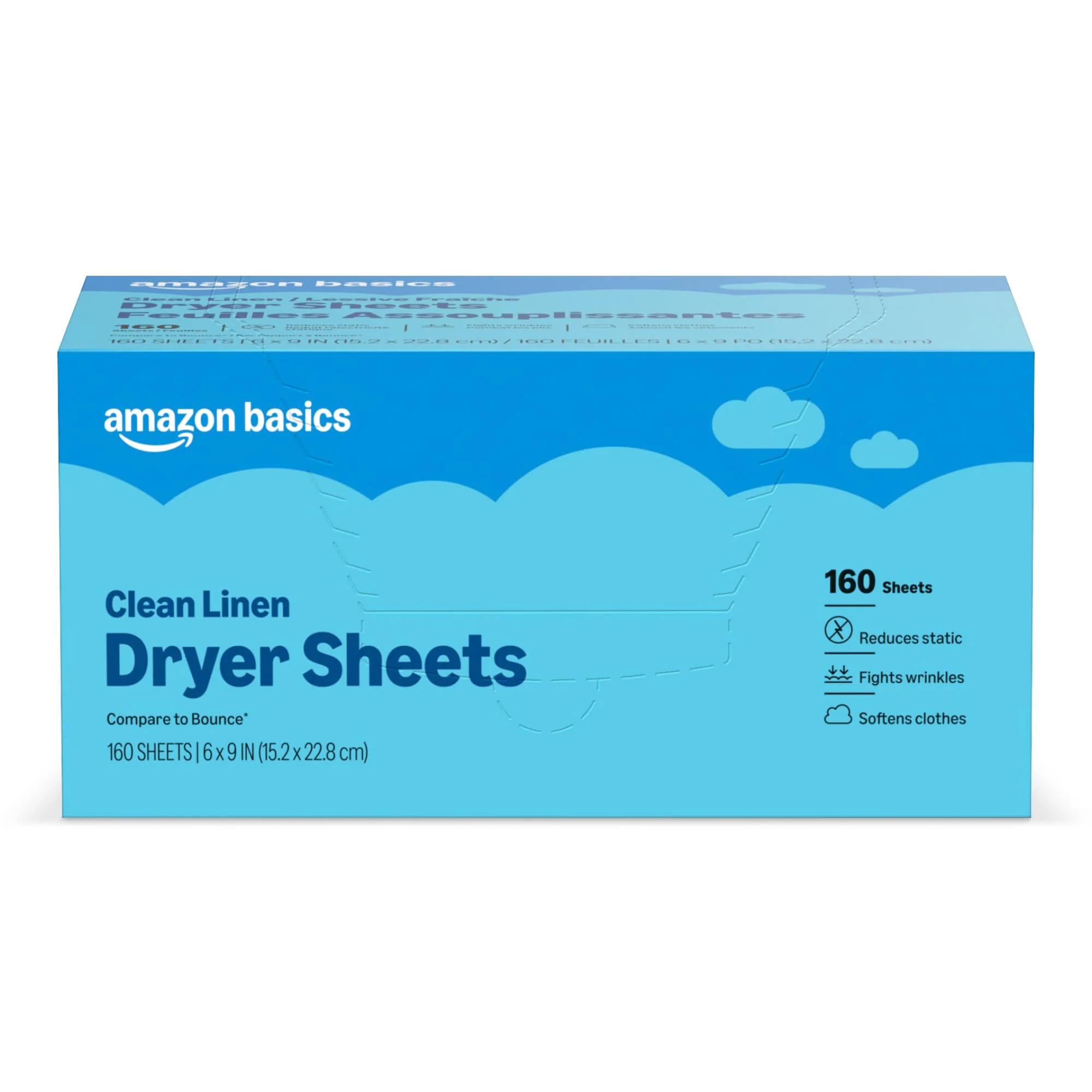 Amazon Basics Dryer Sheets Laundry Fabric Softener, Clean Linen Scent, Reduces Static, Fights Wrinkles, Softens Clothes, 160 Count