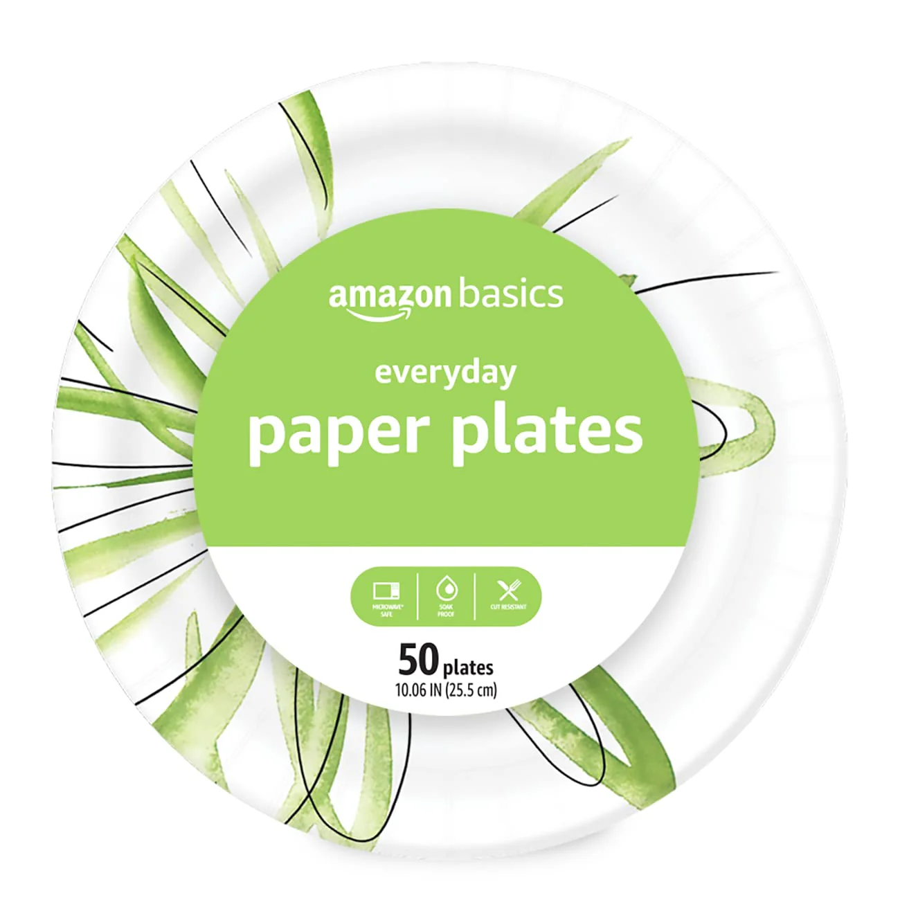 Amazon Basics Everyday Disposable Paper Plates, 10 Inch, Microwave-Safe, Cut Resistant, Soak-Proof, 50 Count