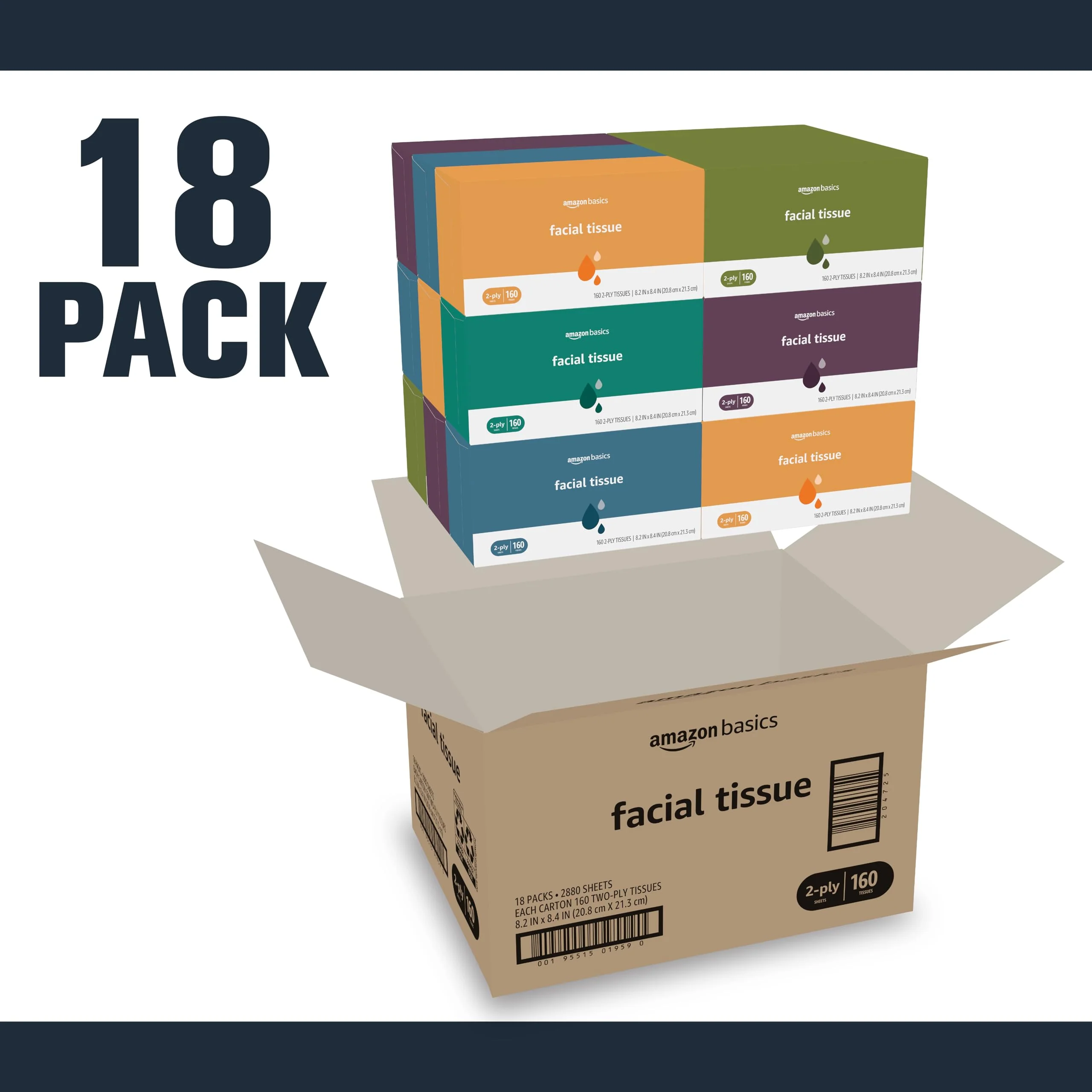 Amazon Basics Facial Tissue, 2-Ply, Soft and Strong, 2880 Count (18 Packs of 160), (Packaging May Vary) - Image 2