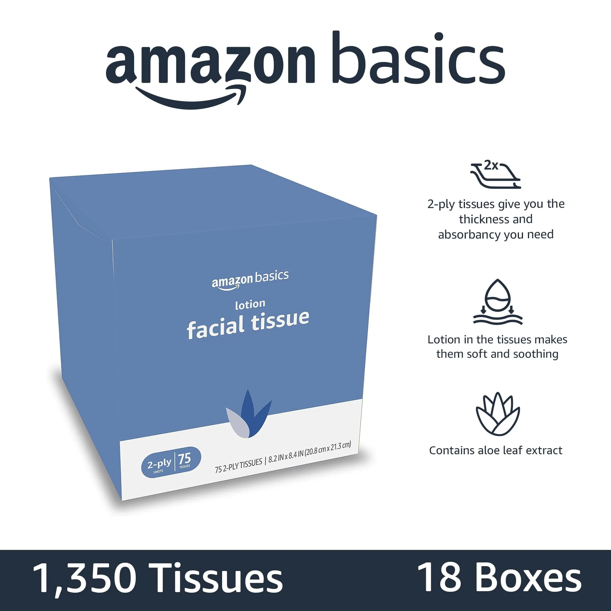 Amazon Basics Facial Tissues with Lotion, 2-Ply, 1350 Count (18 Packs of 75), Cube Box, (Packaging May Vary) - Image 2