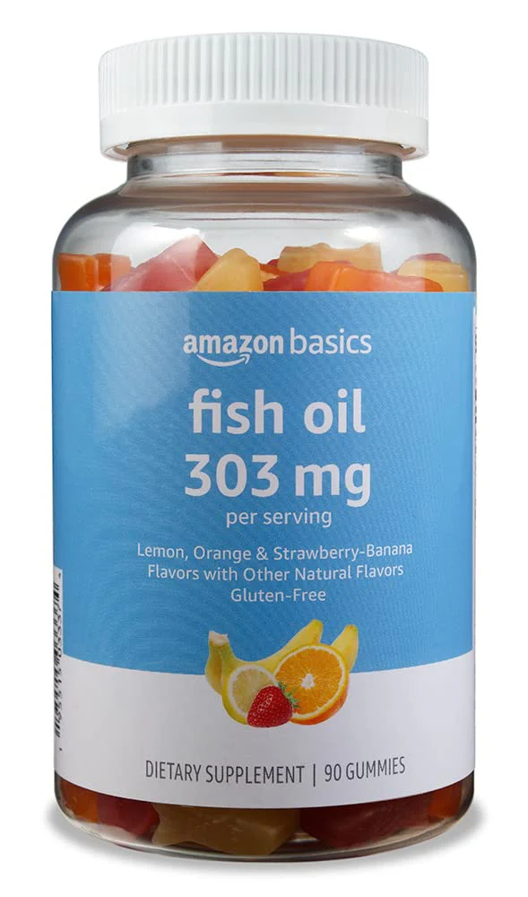 Amazon Basics Fish Oil 303 mg, Lemon, Orange & Strawberry-Banana Flavors, 90 Gummies (2 per Serving), EPA and DHA Omega-3 Fatty acids (Previously Solimo) (Pack of 2)