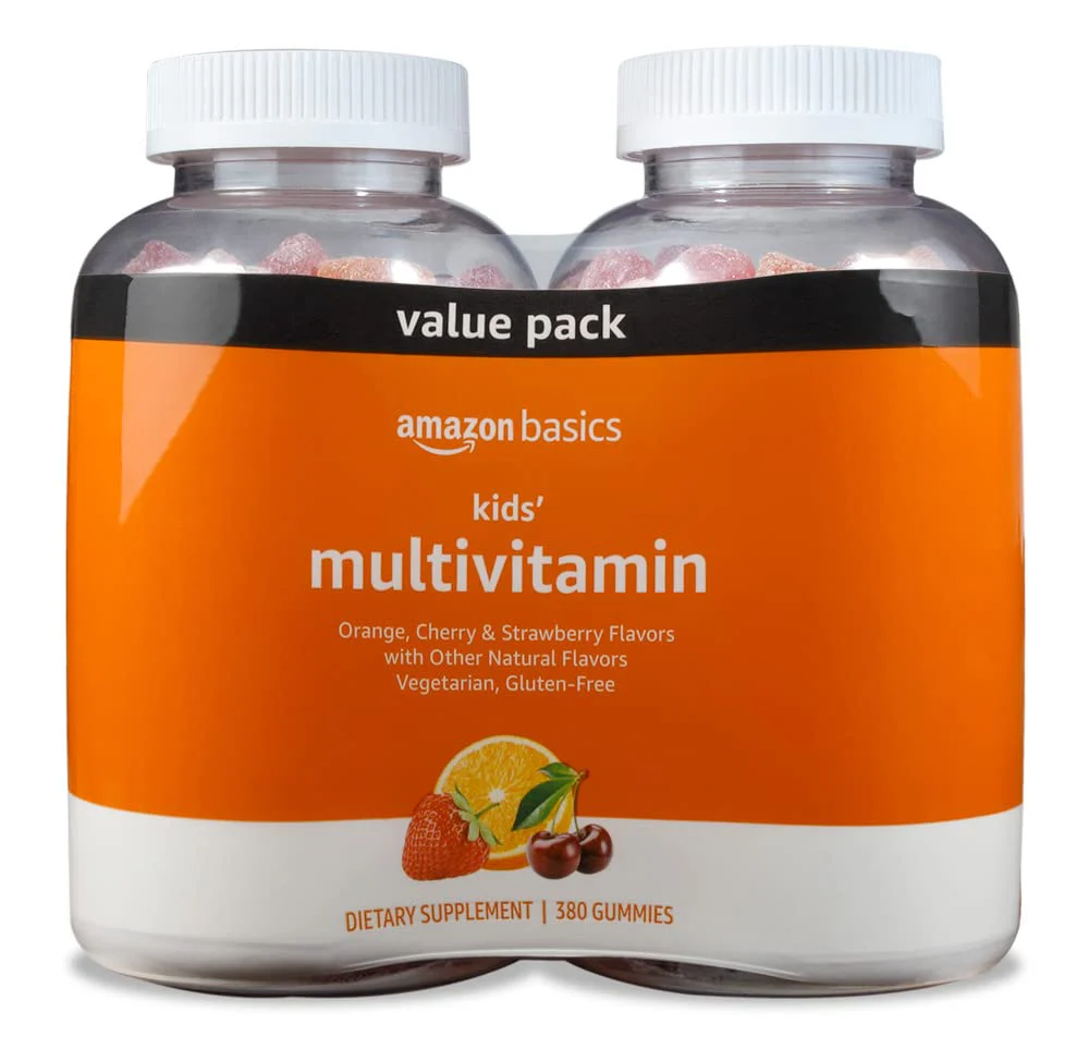 Amazon Basics Kids' Multivitamin Gummies, Cherry, Strawberry & Orange Flavors, 380 Count, 2 Packs of 190 (Previously Solimo)