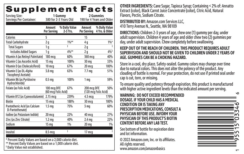 Amazon Basics Kids' Multivitamin Gummies, Cherry, Strawberry & Orange Flavors, 380 Count, 2 Packs of 190 (Previously Solimo) - Image 3