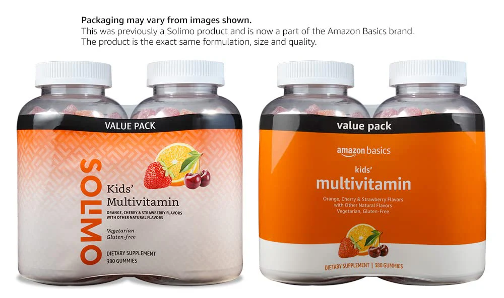 Amazon Basics Kids' Multivitamin Gummies, Cherry, Strawberry & Orange Flavors, 380 Count, 2 Packs of 190 (Previously Solimo) - Image 2