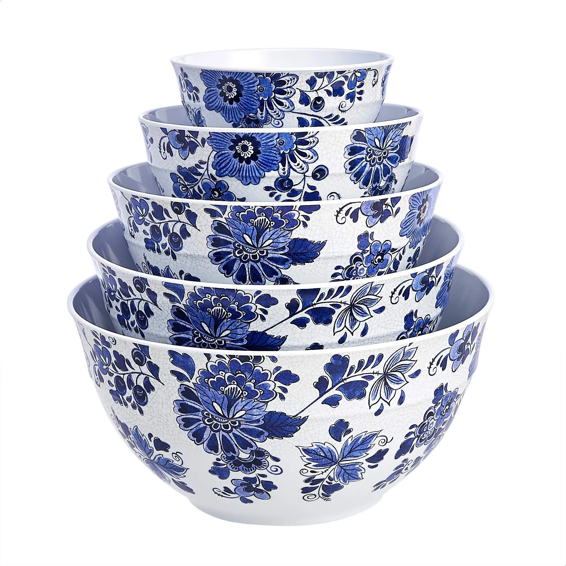 Amazon Basics Nesting Melamine Mixing Round Bowl with Lid and Non-Slip Base, 5 Sizes, Blue and White Floral, Set of 10, 4 quarts, 3 15/16",7 9/16",8 7/8",10",11 1/4" - Image 4