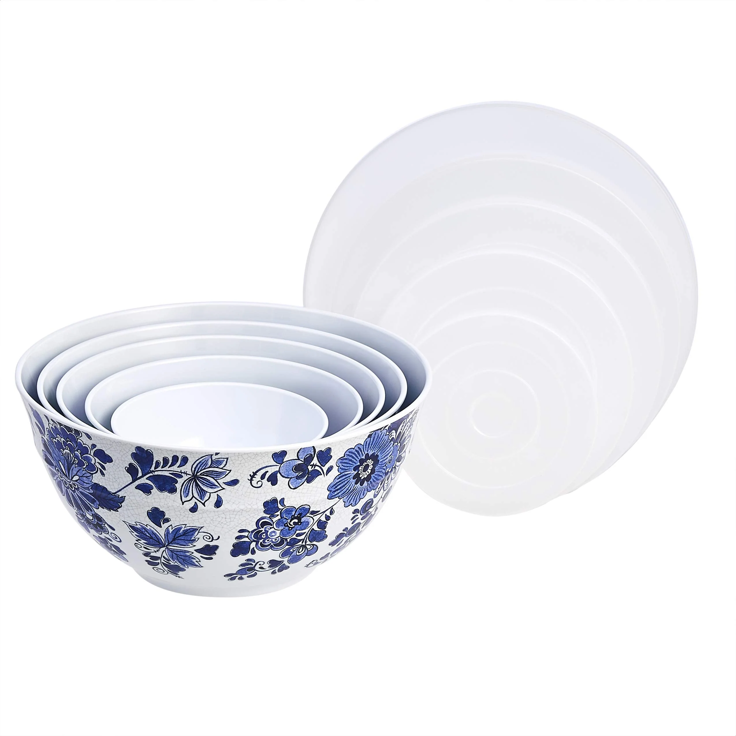 Amazon Basics Nesting Melamine Mixing Round Bowl with Lid and Non-Slip Base, 5 Sizes, Blue and White Floral, Set of 10, 4 quarts, 3 15/16",7 9/16",8 7/8",10",11 1/4" - Image 5