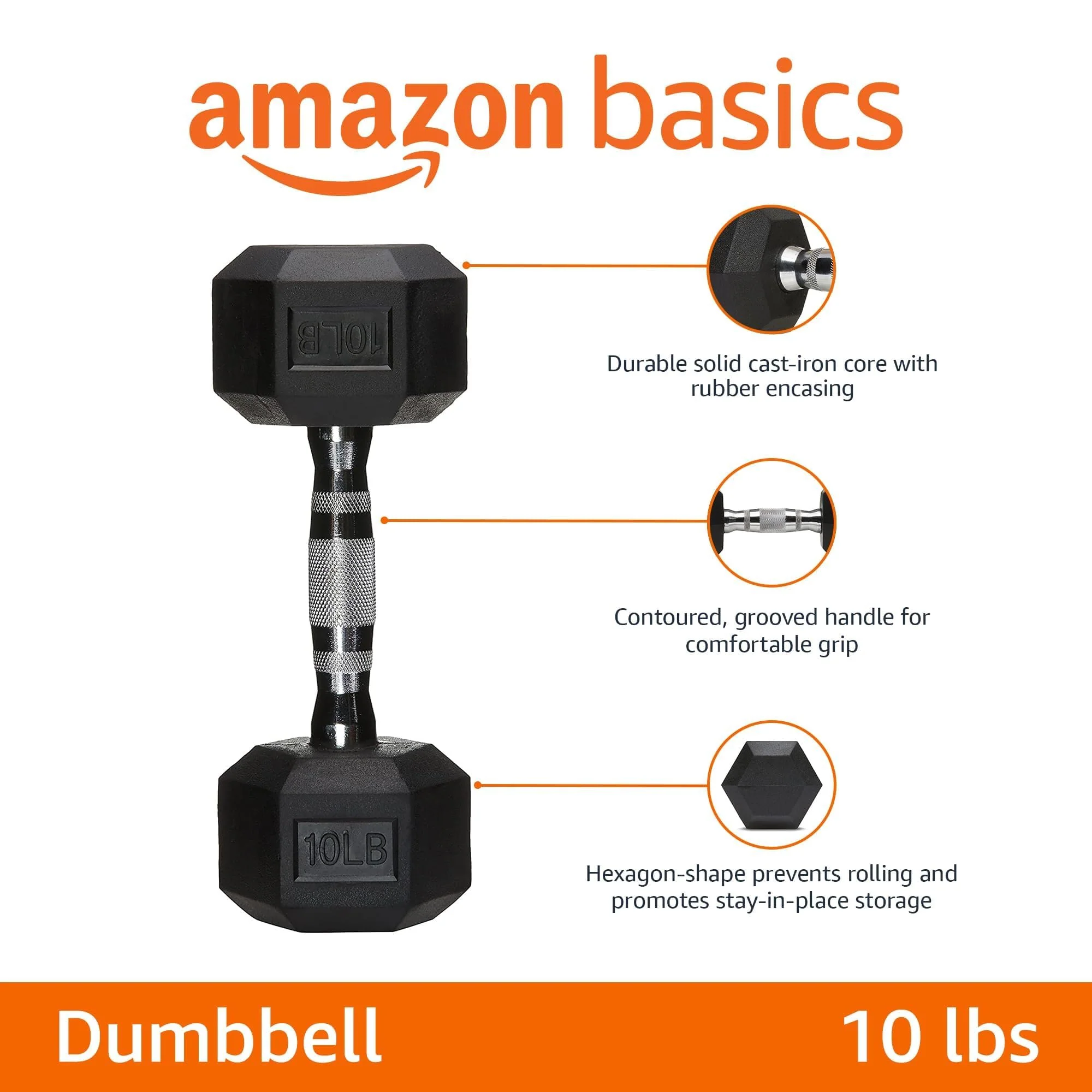 Amazon Basics Rubber Hex Dumbbell Hand Weight, 10 Pounds, Single, Black - Image 9