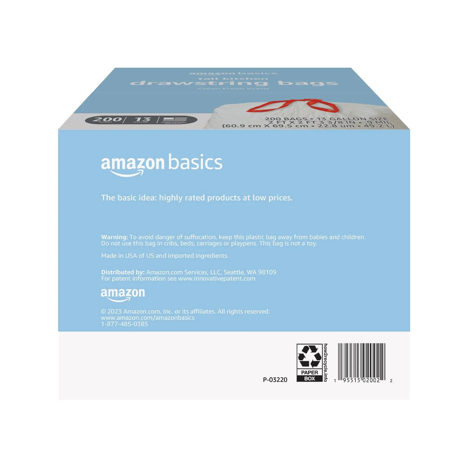 Amazon Basics Scented Trash Bags, Tall Kitchen Drawstring, Clean Fresh Scent, 13 Gallon, 200 Count, Pack of 1 - Image 2