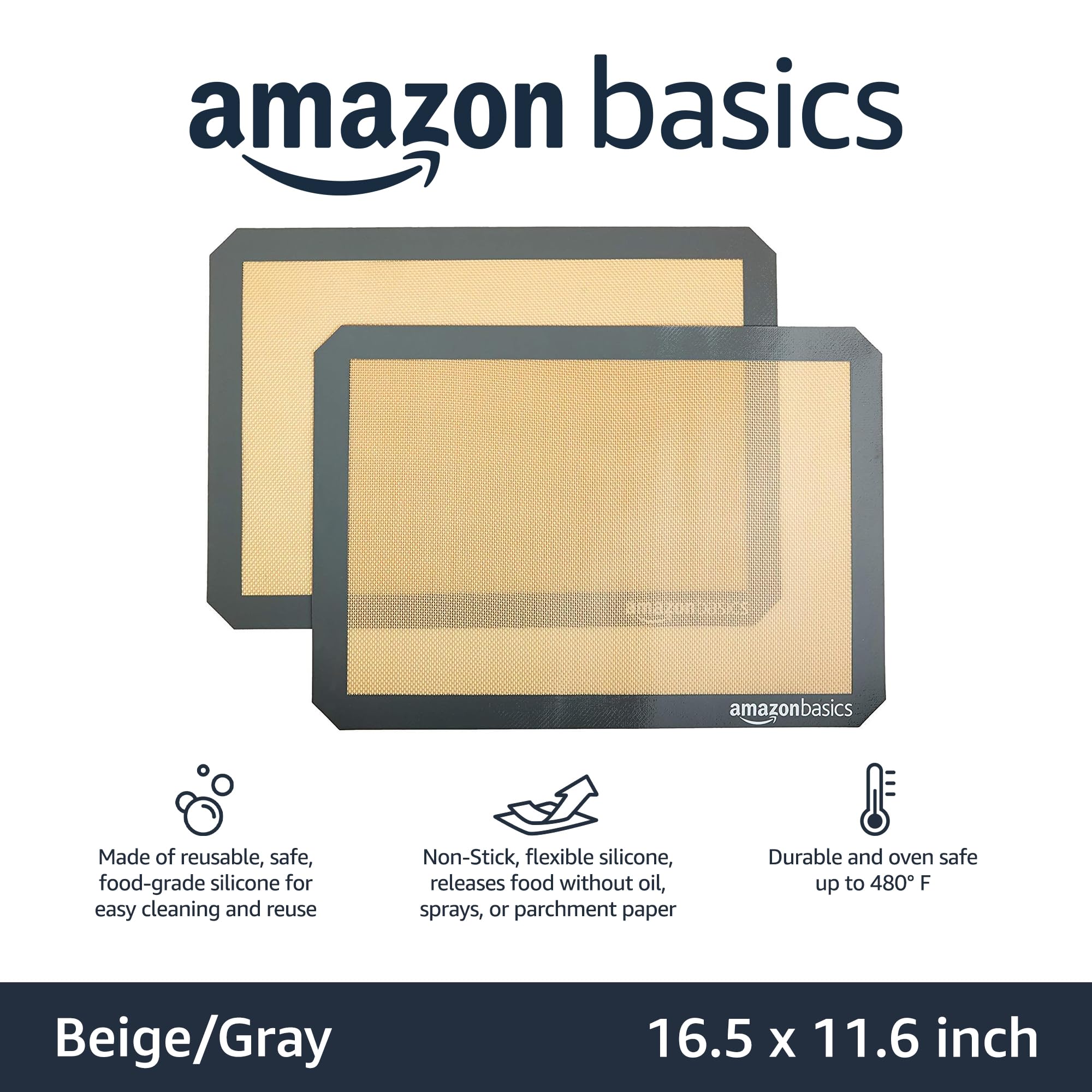 Amazon Basics Silicone Rectangular Baking Mat, Non-Stick Reusable Oven Bakeware, 16.5" x 11.6", New Beige/Gray, Pack of 2 - Image 7