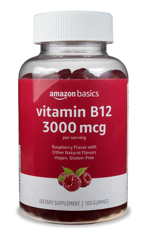 Amazon Basics Vitamin B12 3000 mcg, Normal Energy Production and Metabolism, Immune System Support, 100 Gummies (2 per serving), Pack of 2, Raspberry (Previously Solimo)