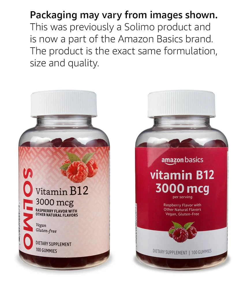 Amazon Basics Vitamin B12 3000 mcg, Normal Energy Production and Metabolism, Immune System Support, 100 Gummies (2 per serving), Pack of 2, Raspberry (Previously Solimo) - Image 4