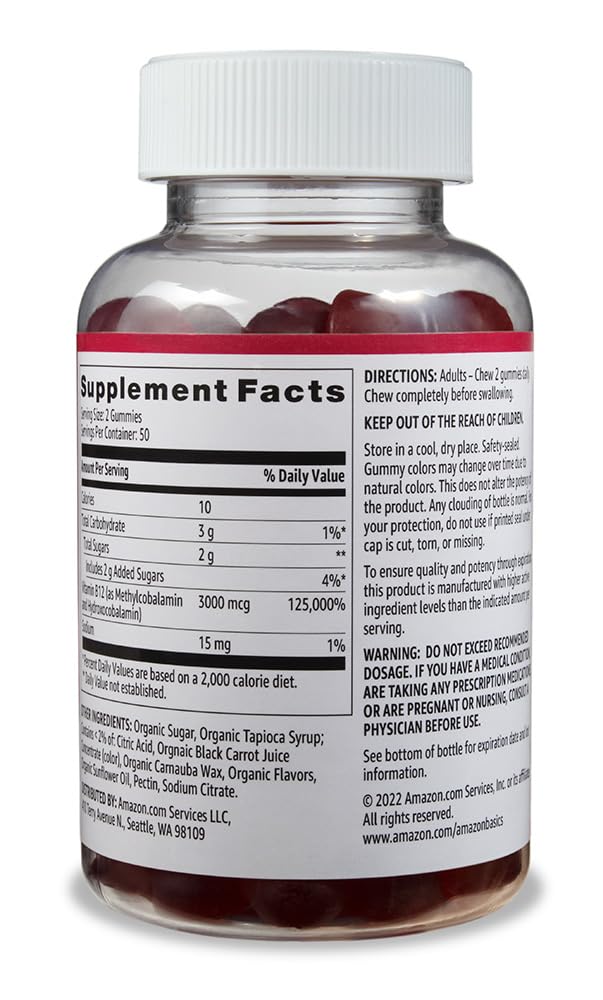 Amazon Basics Vitamin B12 3000 mcg, Normal Energy Production and Metabolism, Immune System Support, 100 Gummies (2 per serving), Pack of 2, Raspberry (Previously Solimo) - Image 2
