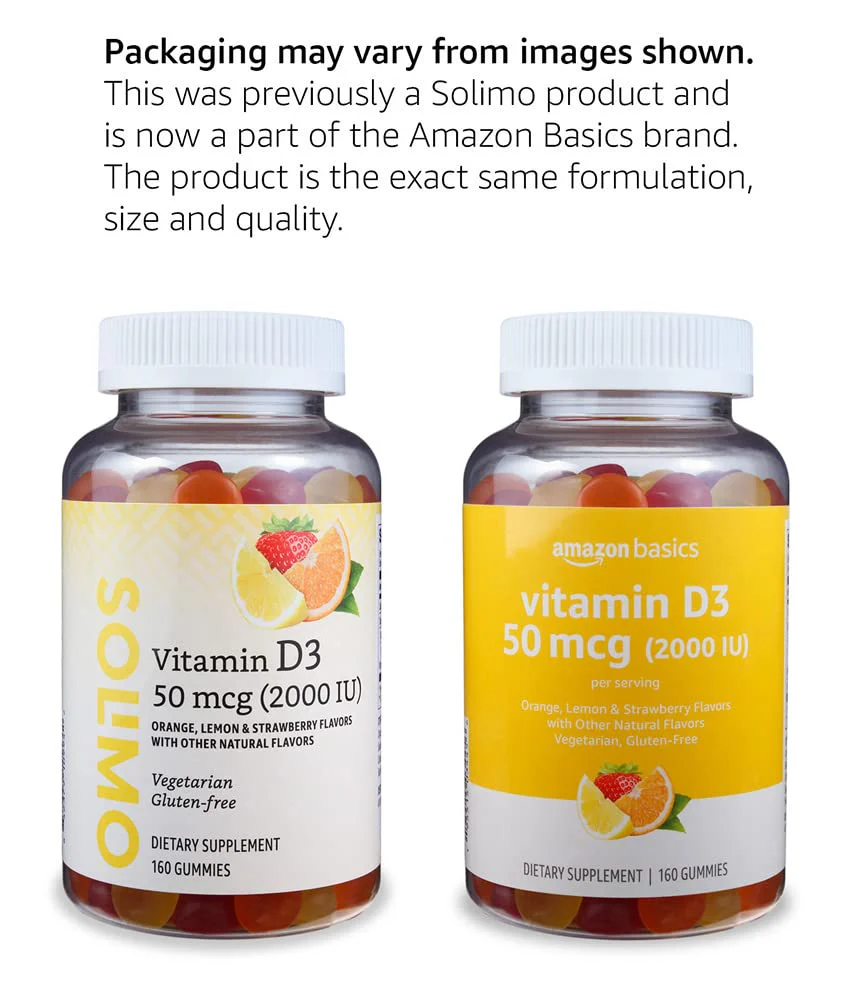 Amazon Basics Vitamin D3 2000 IU Gummies, Orange, Lemon & Strawberry, 160 Count (2 per Serving) (Previously Solimo) - Image 2