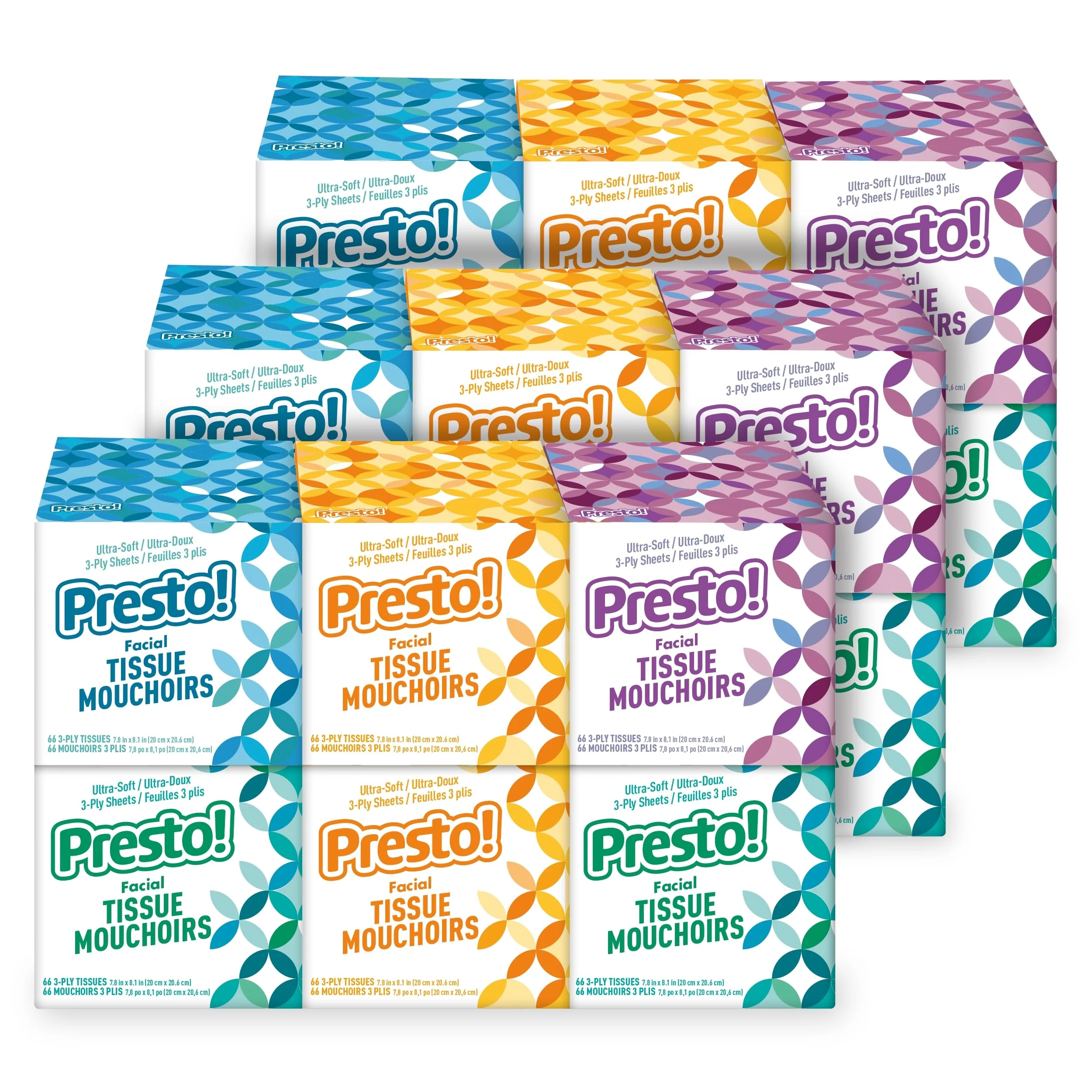 Amazon Brand - Presto! Ultra-Soft 3-Ply Premium Facial Tissues, Colorful Boxes, 1188 Count (18 Packs of 66), (Packaging May Vary)