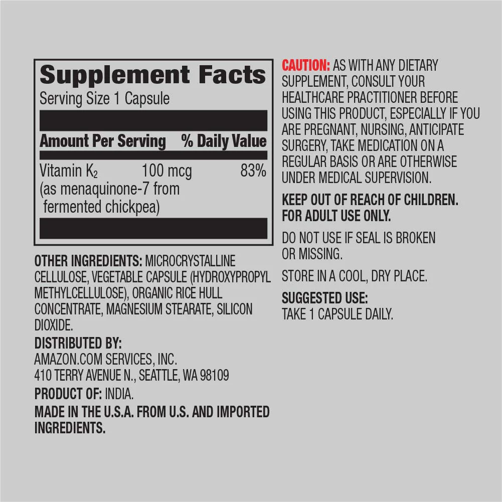 Amazon Elements Vitamin K2 100 mcg, Vegan, 65 Capsules, 2 Month Supply (Packaging May Vary) (Pack of 2) - Image 8