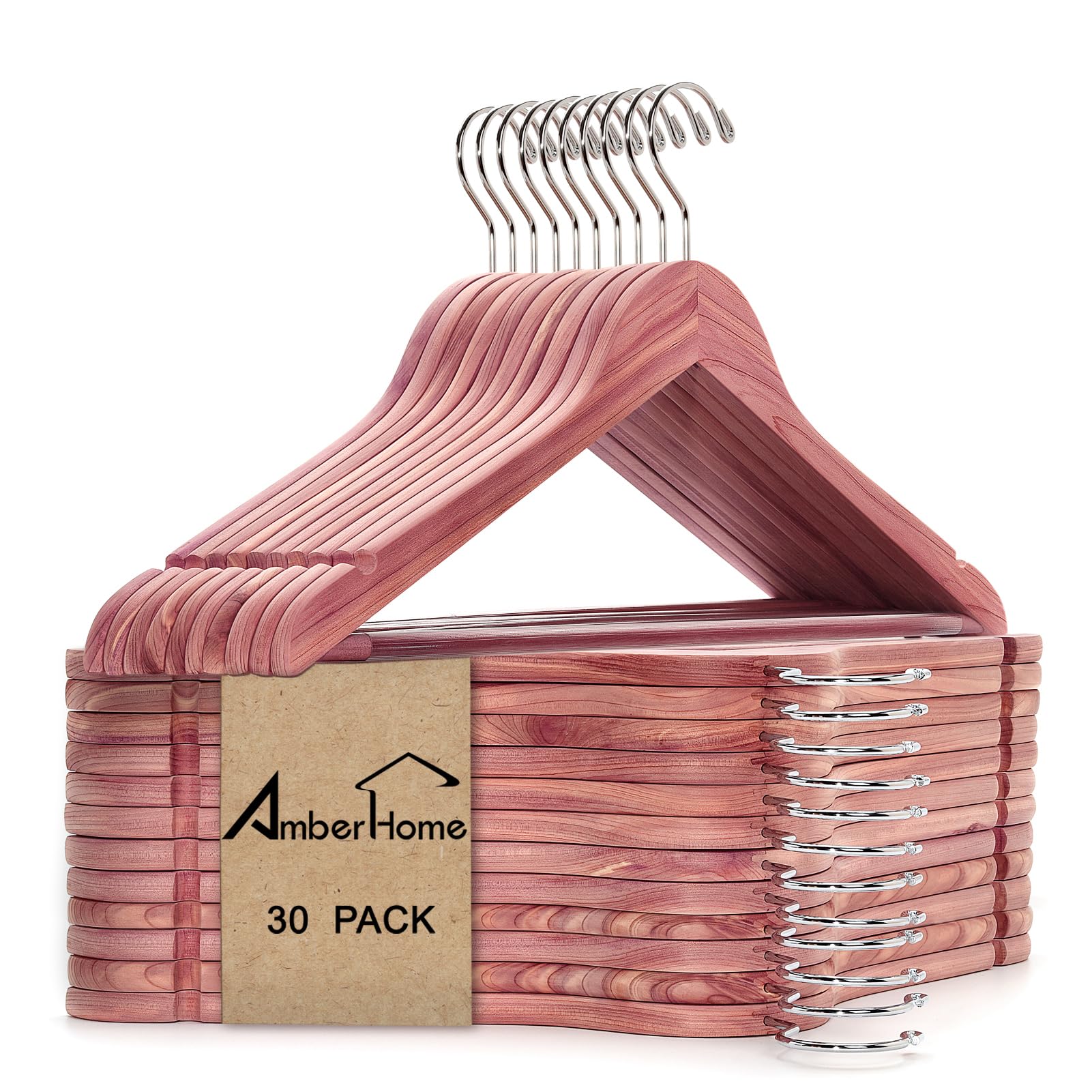 Amber Home 30 Pack American Red Cedar Hangers, Smooth Finish Wood Coat Hangers for Suit Shirt, Aromatic Cedar Clothes Hangers with Swivel Hook & Notches for Dress, Jacket, Pants