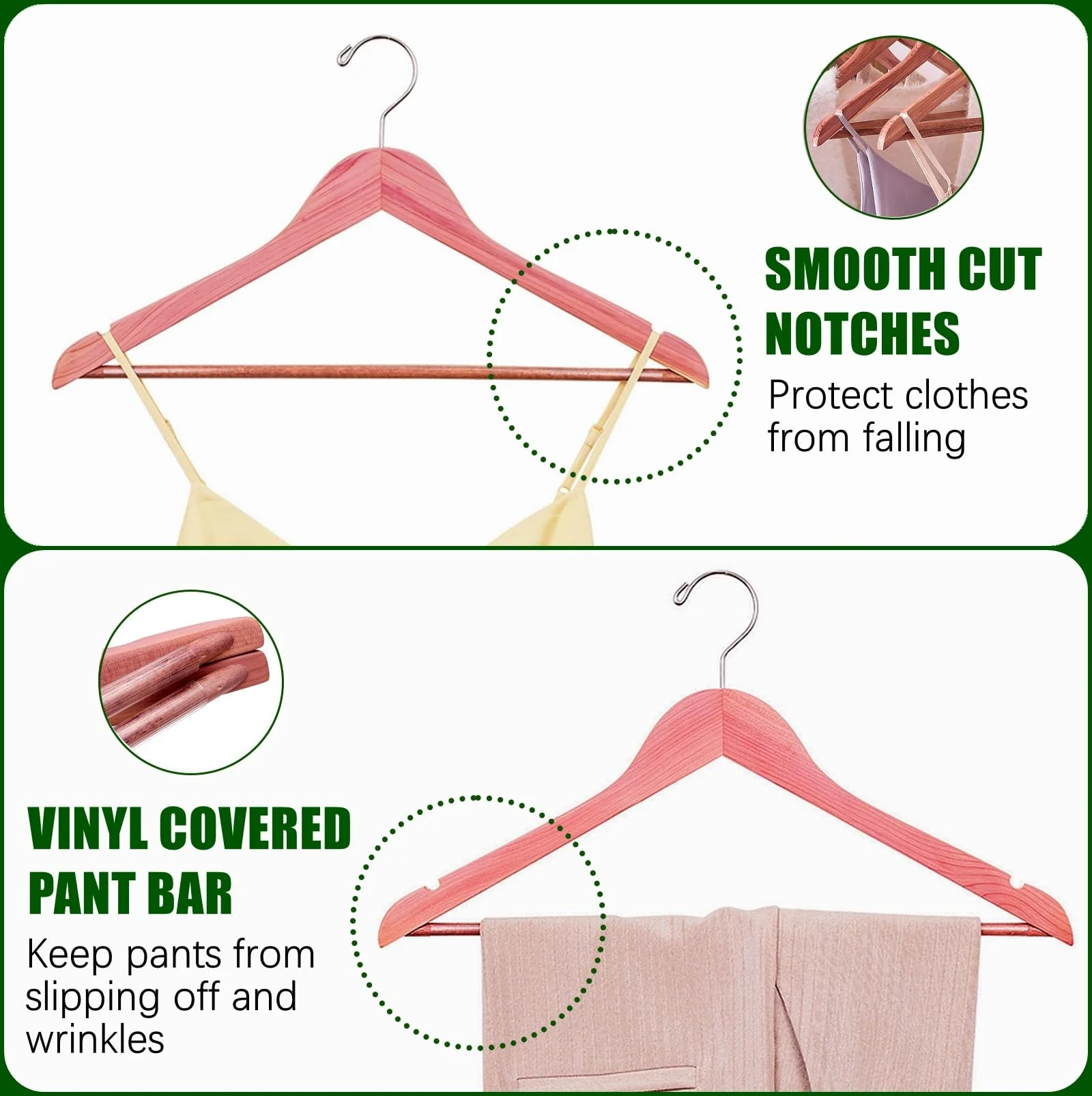 Amber Home 30 Pack American Red Cedar Hangers, Smooth Finish Wood Coat Hangers for Suit Shirt, Aromatic Cedar Clothes Hangers with Swivel Hook & Notches for Dress, Jacket, Pants - Image 6