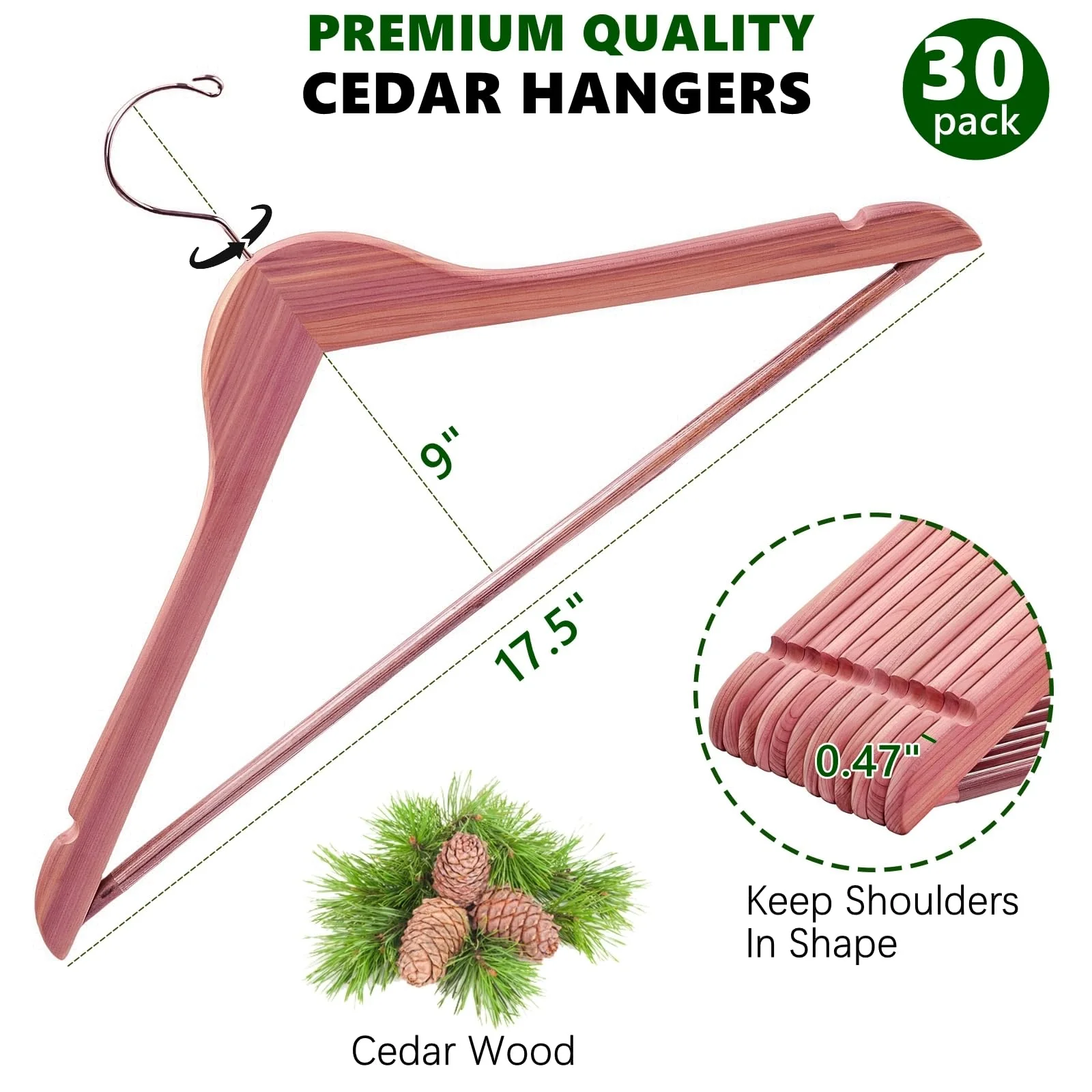 Amber Home 30 Pack American Red Cedar Hangers, Smooth Finish Wood Coat Hangers for Suit Shirt, Aromatic Cedar Clothes Hangers with Swivel Hook & Notches for Dress, Jacket, Pants - Image 7