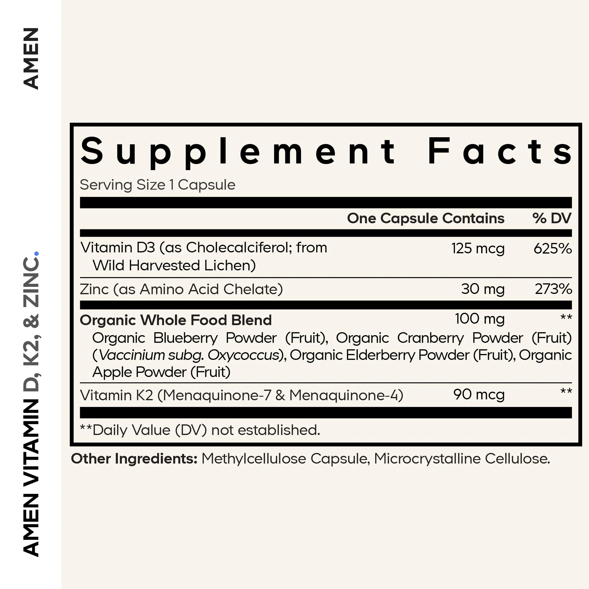 Amen Vitamin D, K2 & Zinc, Cholecalciferol D3 5000 IU, Organic Whole Food Blend with Apple, Blueberry, Cranberry, Elderberry Powder Fruits, Vegan Supplement, D3 K2 Vitamins, Non-GMO - 60 Capsules - Image 9