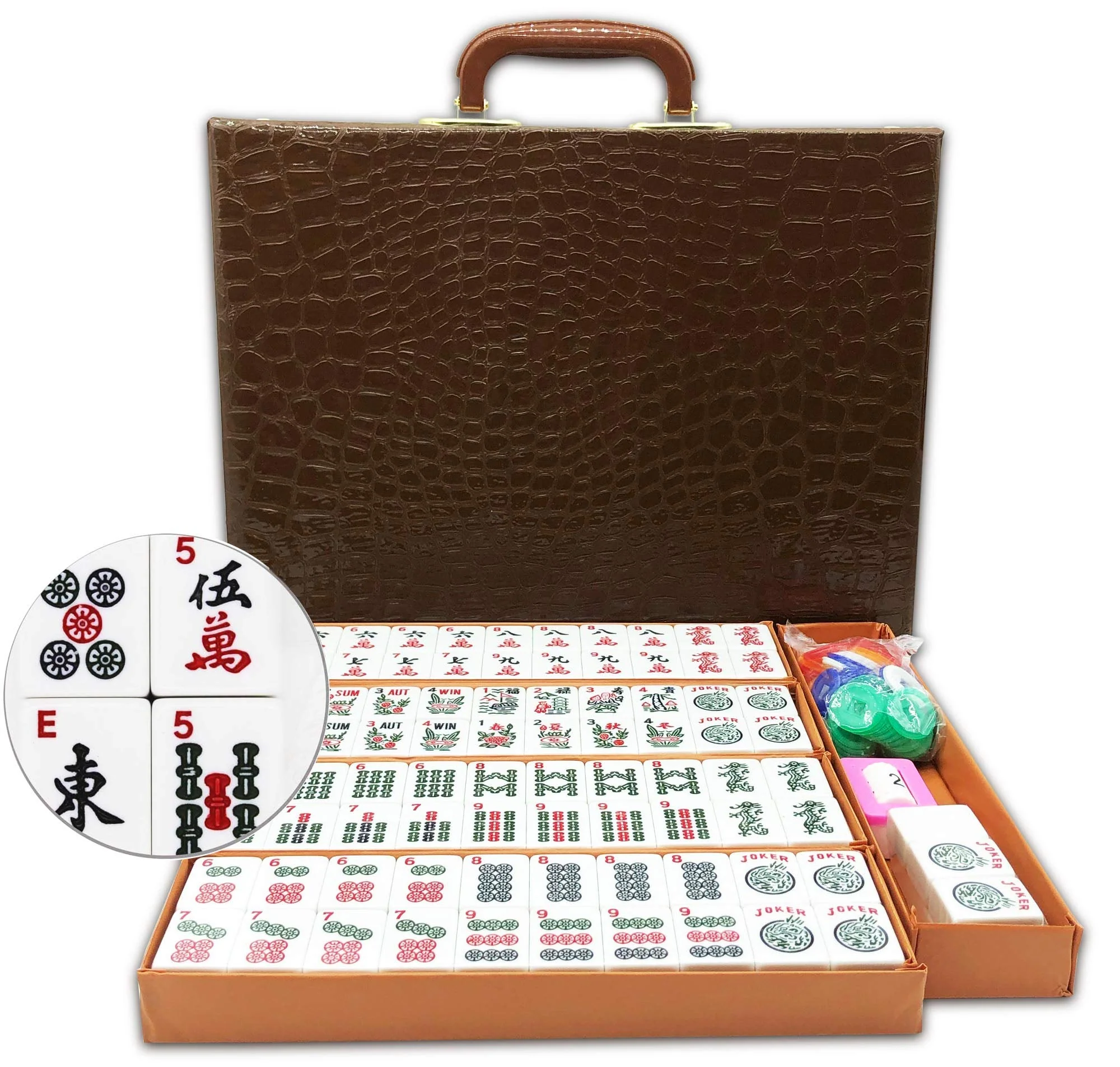 American Mahjong Game Set: 166 White Engraved Tiles, Western Mah Jongg Play, Traveler Size Case, Dices, Chips, Manual, Win Indicator - Image 2
