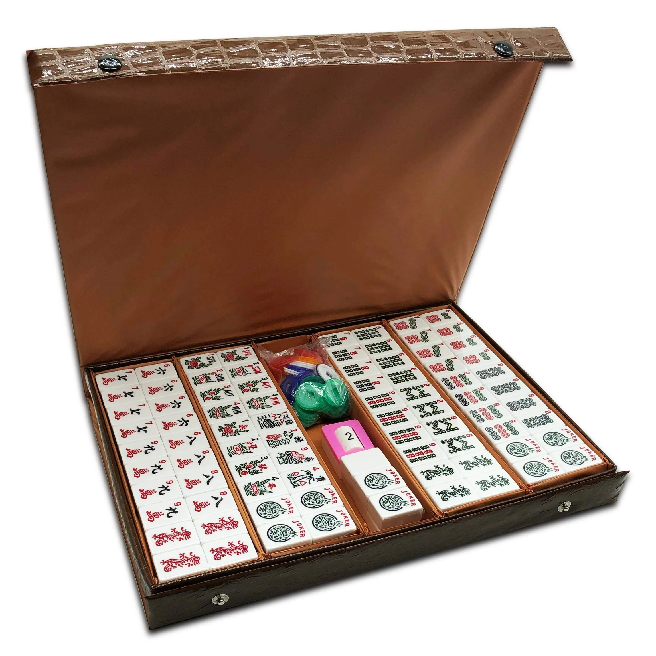 American Mahjong Game Set: 166 White Engraved Tiles, Western Mah Jongg Play, Traveler Size Case, Dices, Chips, Manual, Win Indicator - Image 3