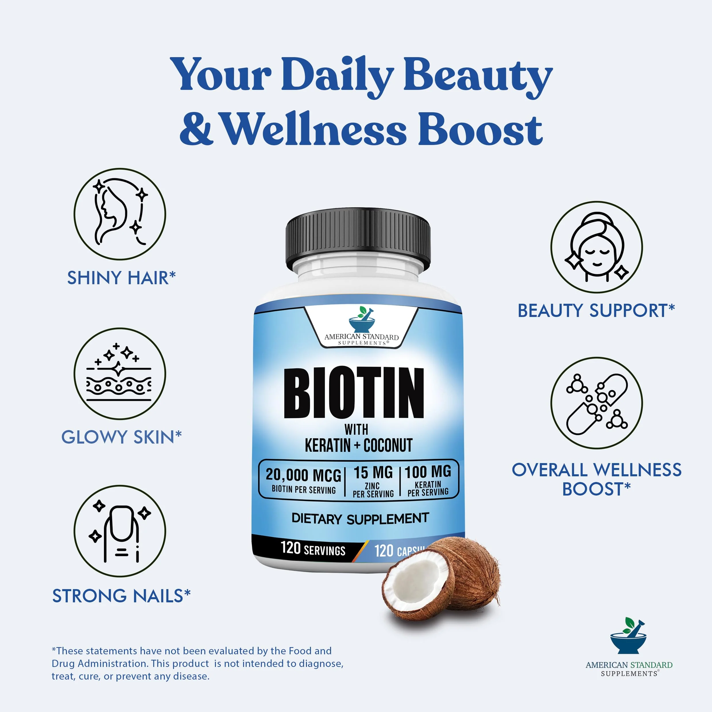 American Standard Supplements Biotin 20,000mcg with Keratin, Coconut Powder and Zinc, Biotin Supplement for Women and Men,120 Veggie Capsules, 120 Day Supply - Image 6