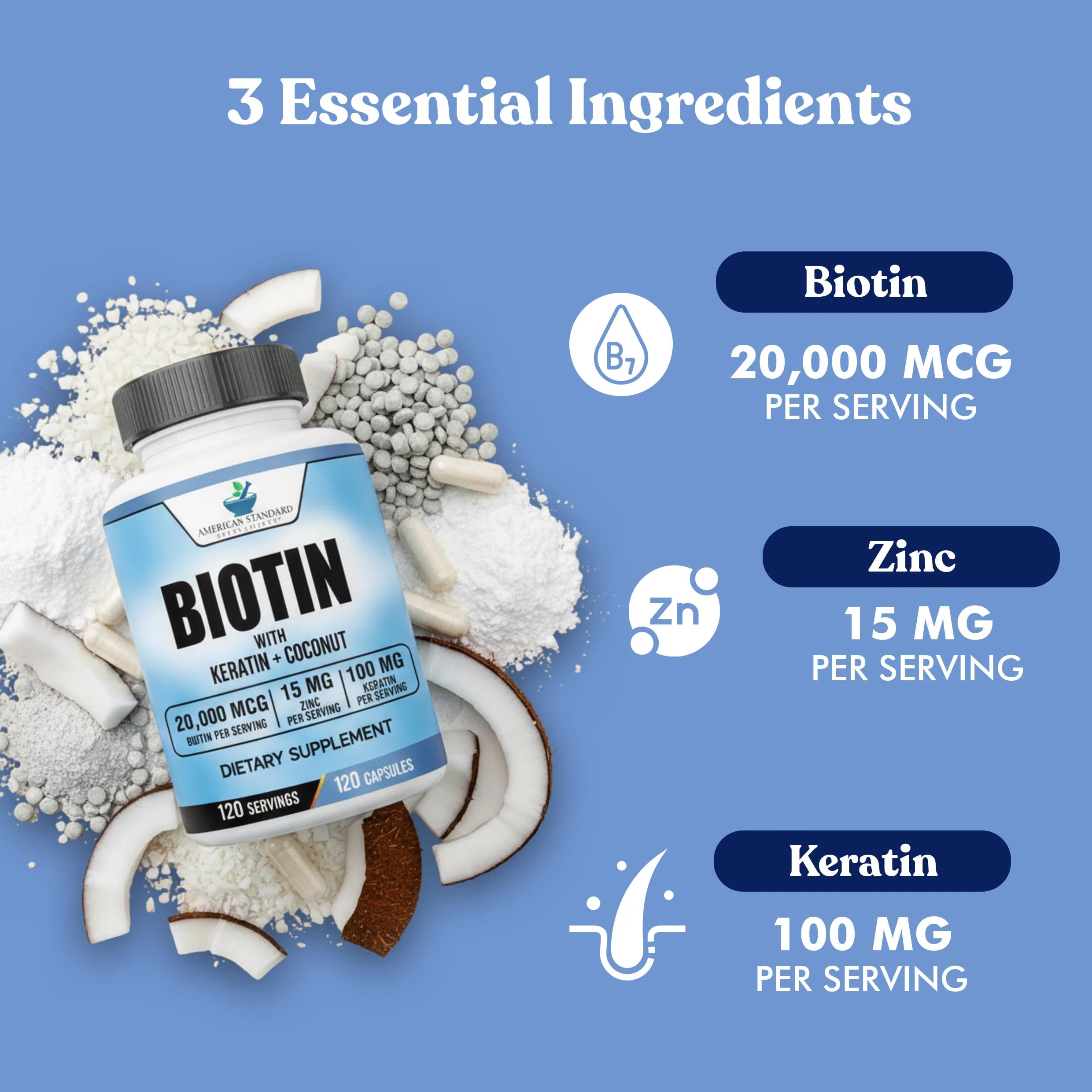 American Standard Supplements Biotin 20,000mcg with Keratin, Coconut Powder and Zinc, Biotin Supplement for Women and Men,120 Veggie Capsules, 120 Day Supply - Image 7